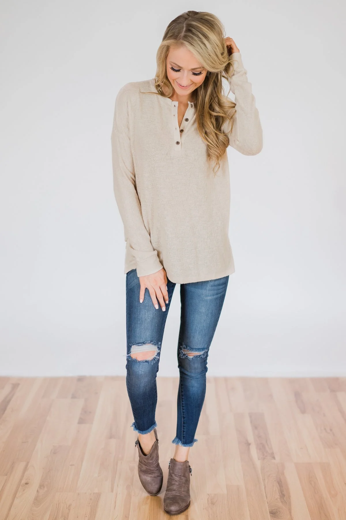 Soft & Cozy 4-Button Henley Top- Taupe - Image 3