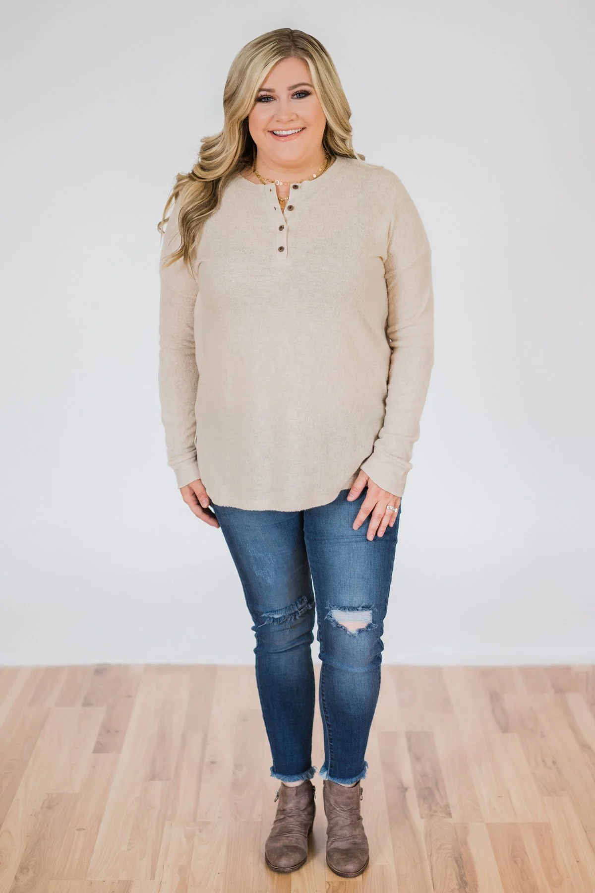 Soft & Cozy 4-Button Henley Top- Taupe - Image 4