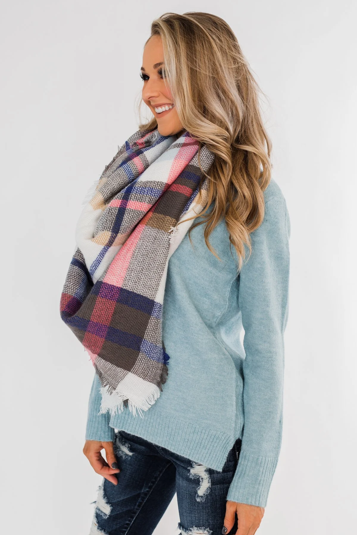 Soft & Cozy Blanket Scarf- White, Blue & Pink - Image 4