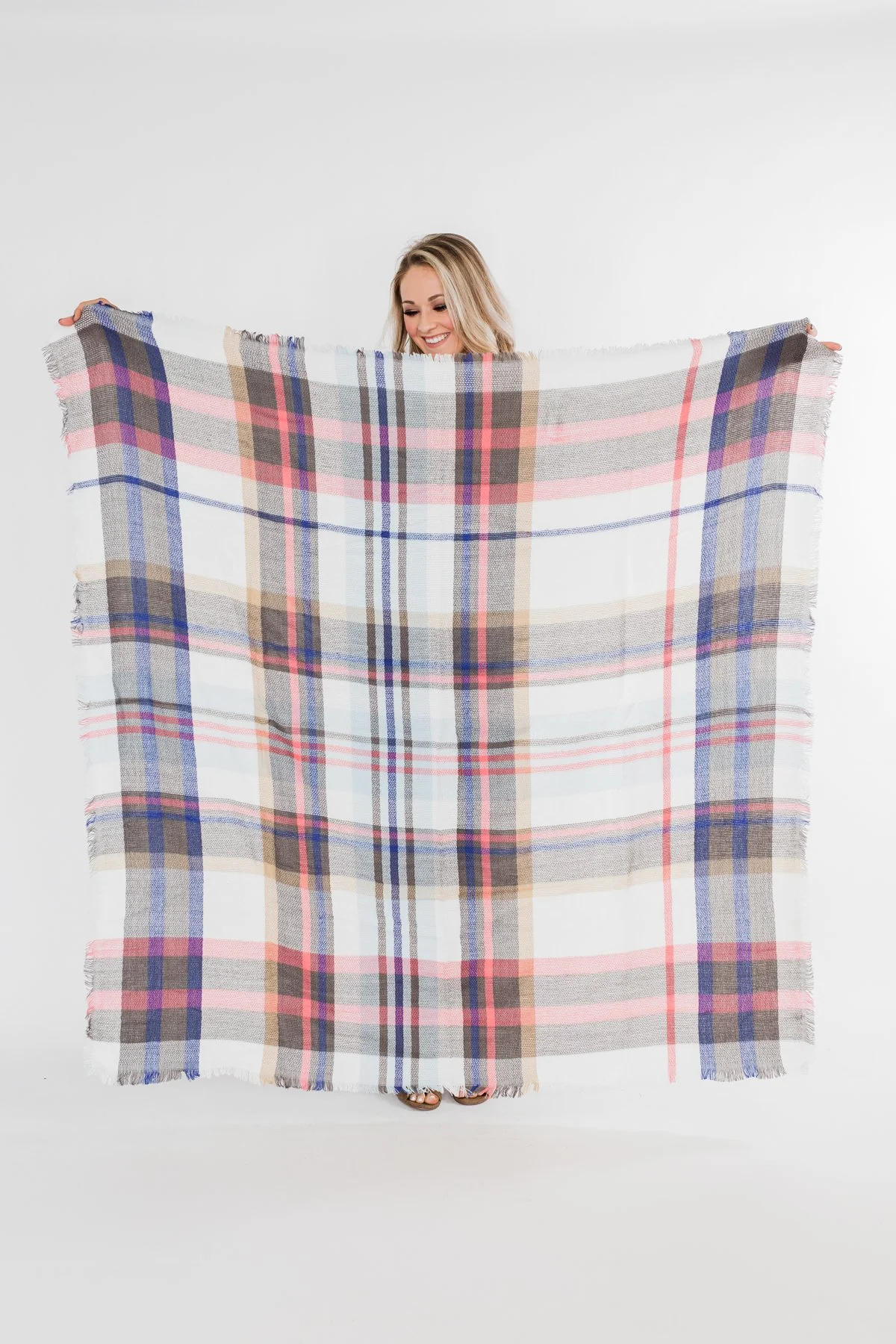 Soft & Cozy Blanket Scarf- White, Blue & Pink - Image 5