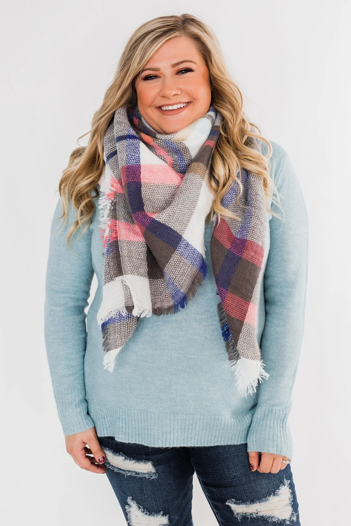 Soft & Cozy Blanket Scarf- White, Blue & Pink - Image 6