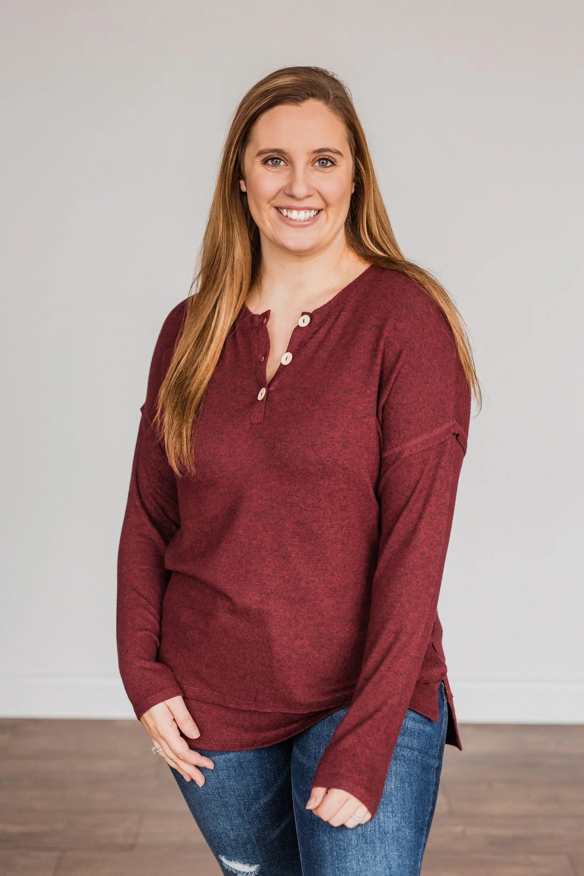 Soft Gazes Button Long Sleeve Top- Burgundy - Image 2
