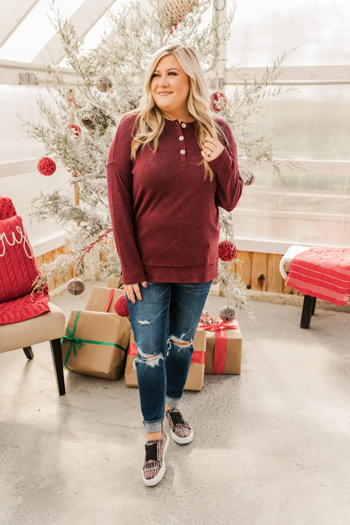Soft Gazes Button Long Sleeve Top- Burgundy - Image 4