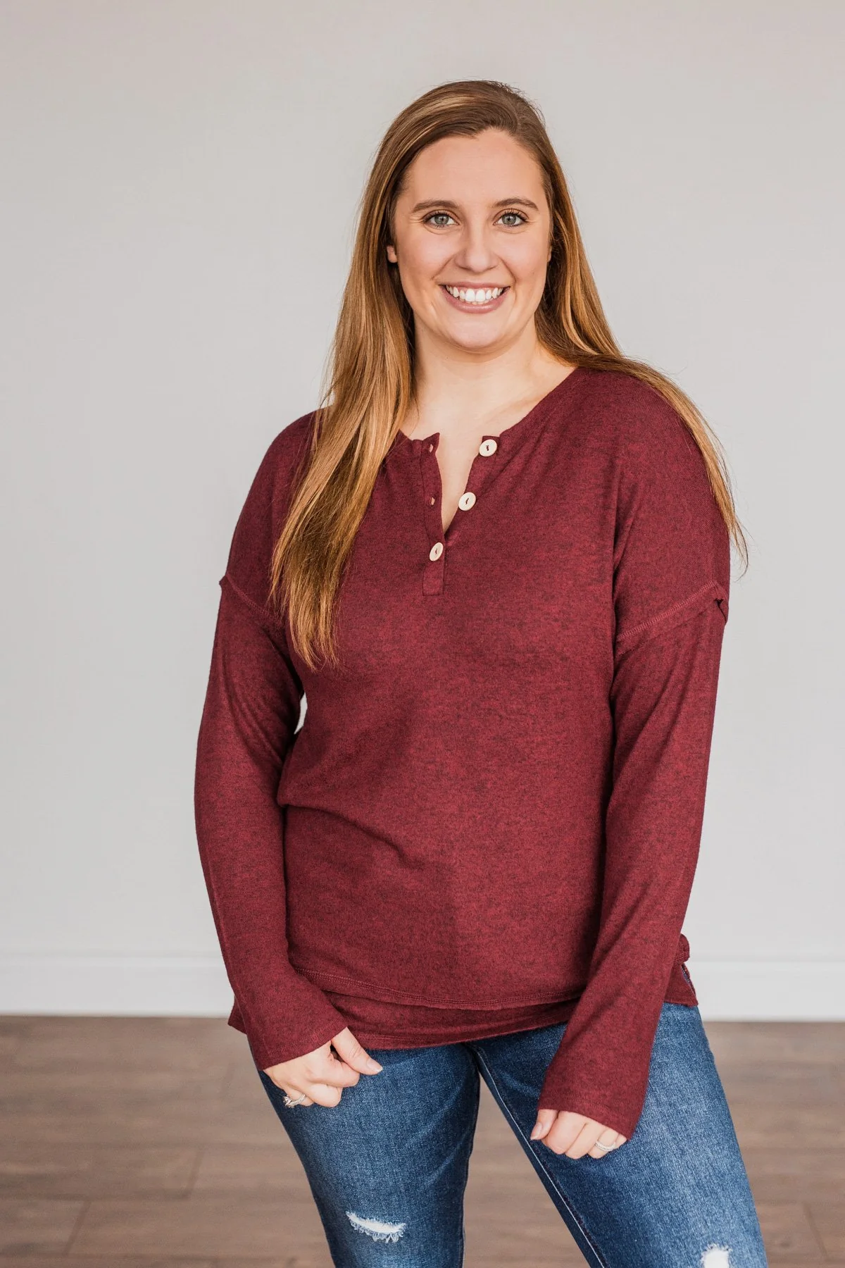 Soft Gazes Button Long Sleeve Top- Burgundy - Image 5