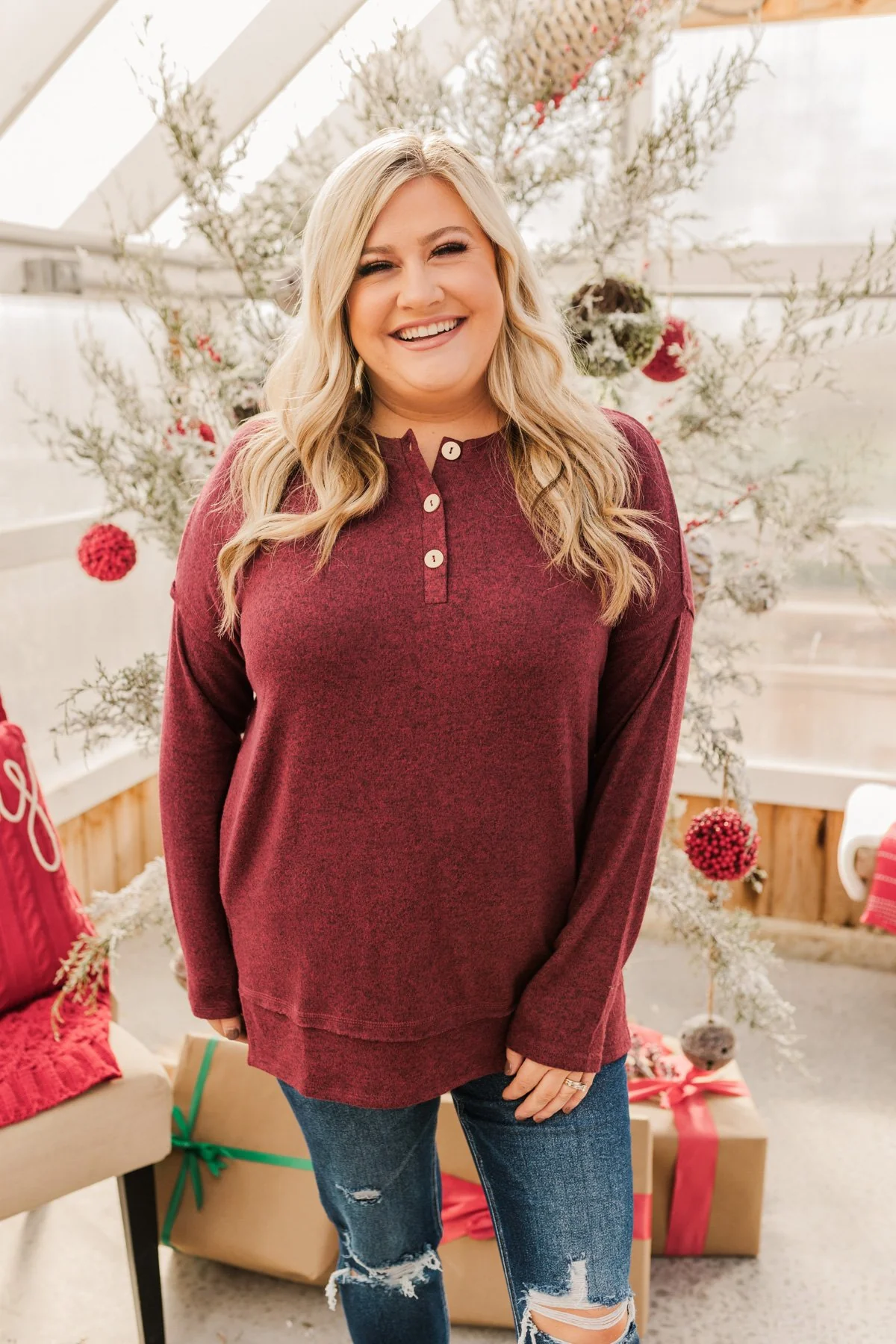 Soft Gazes Button Long Sleeve Top- Burgundy - Image 7