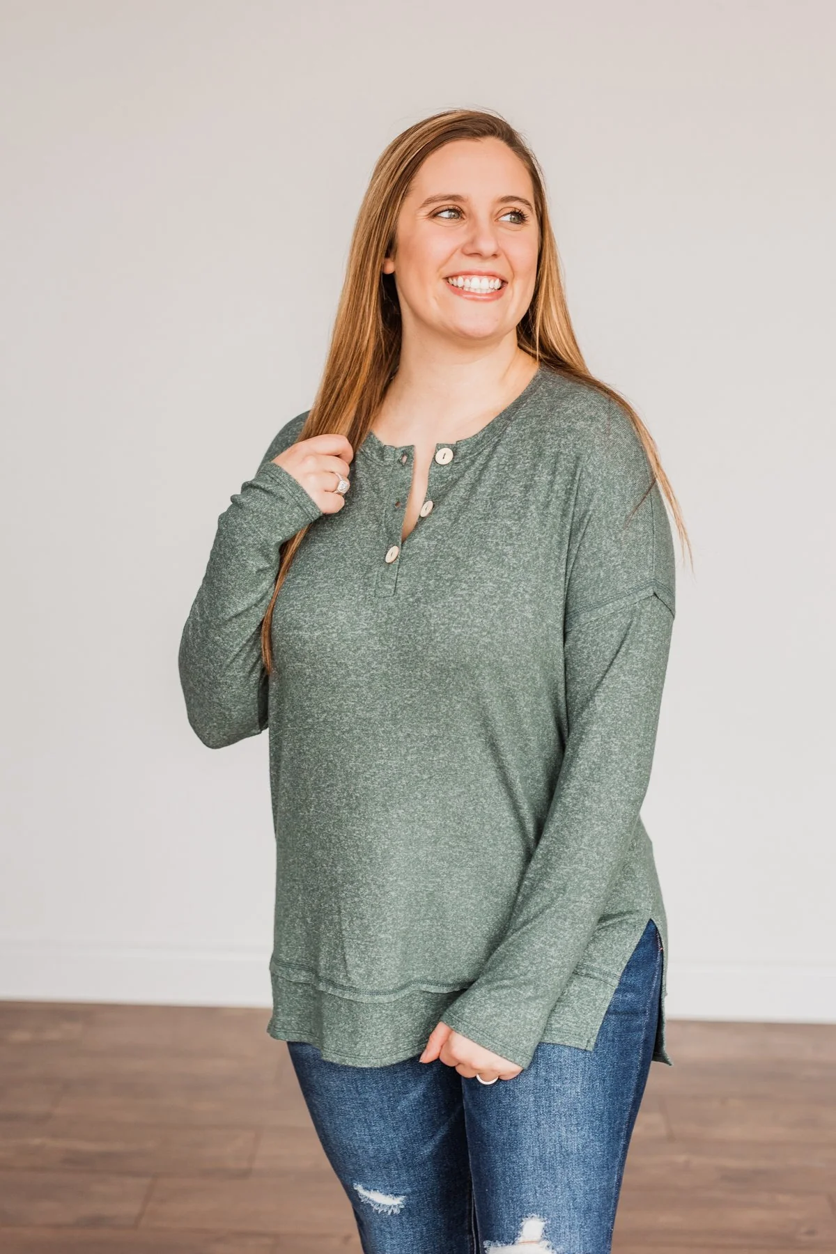 Soft Gazes Button Long Sleeve Top- Hunter Green - Image 14