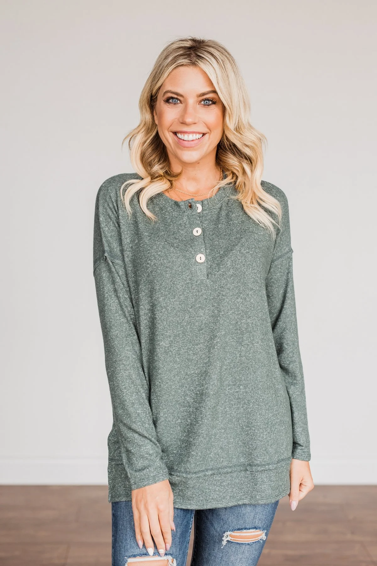 Soft Gazes Button Long Sleeve Top- Hunter Green - Image 6