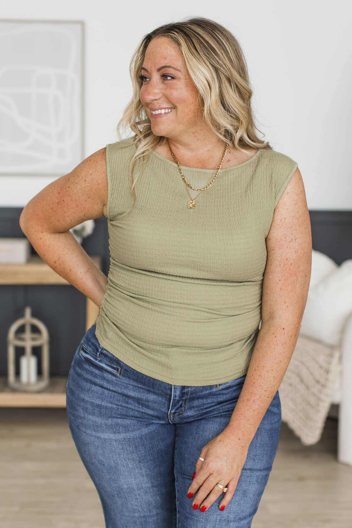 Soft Love Energy Ruched Tank Top- Light Olive - Image 2