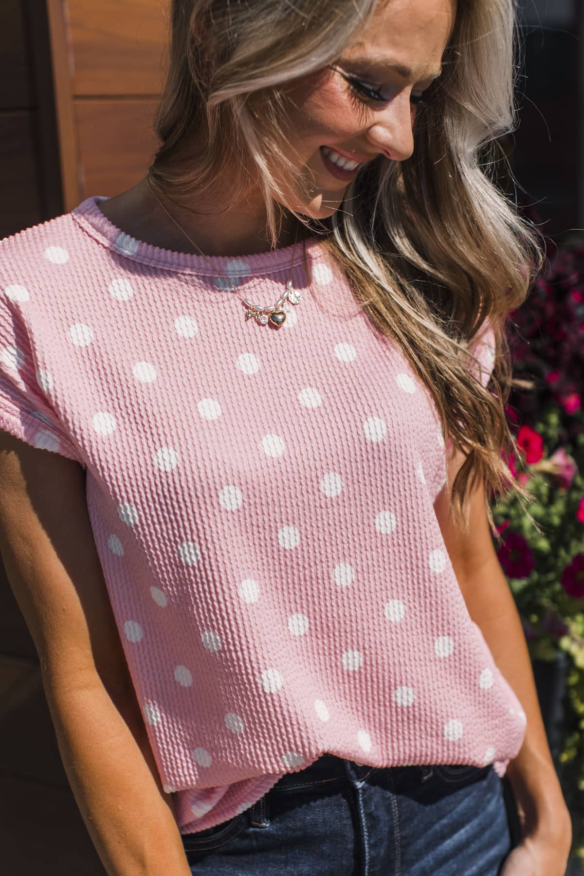 Soft Promises Ribbed Polka Dot Top- Pink