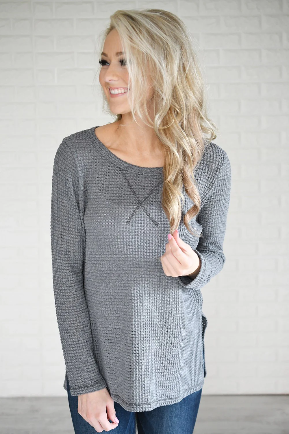 Soft Slate Blue Knit Thermal Top - Image 2