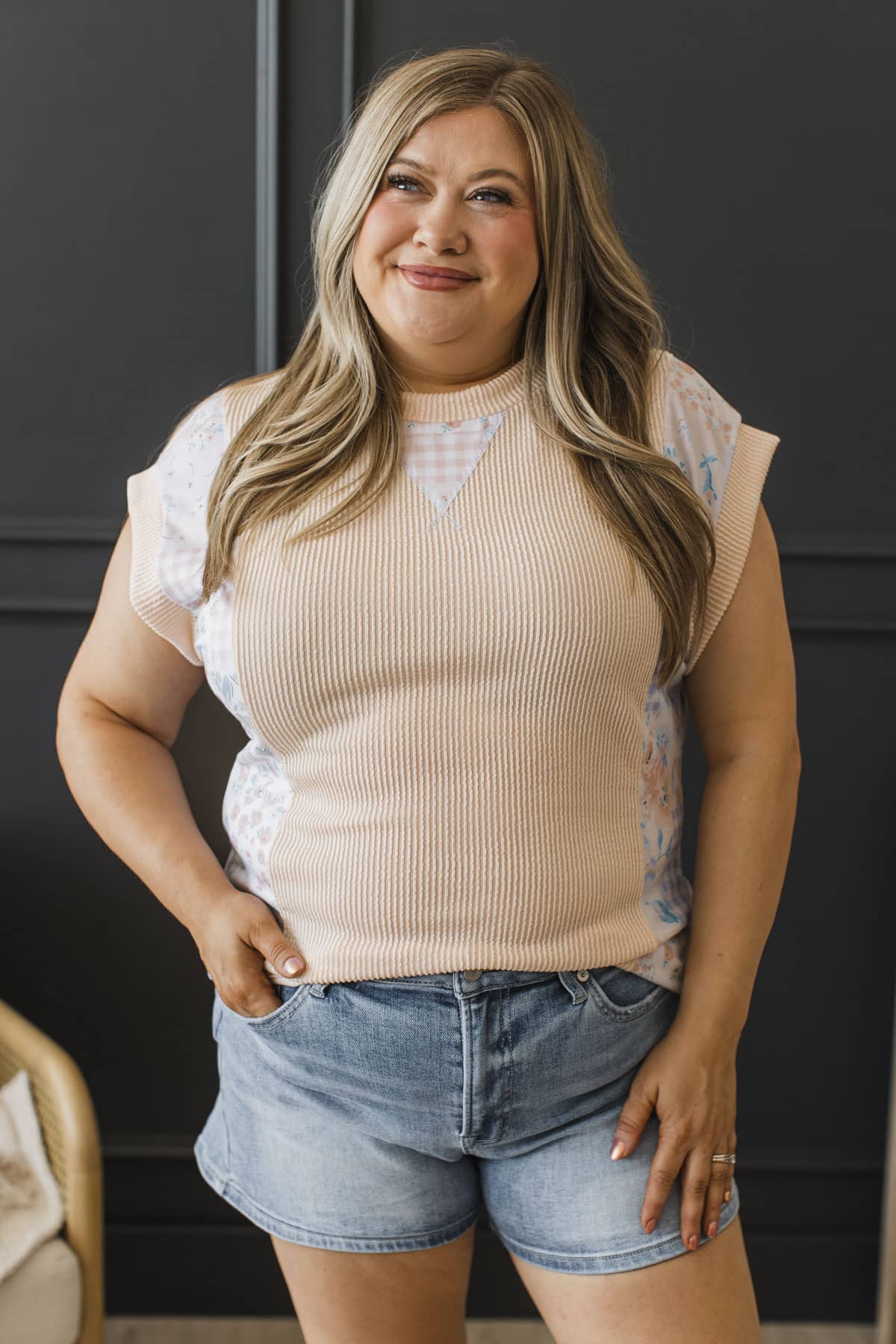 Soft Spoken Wishes Fabric Block Short Sleeve Top- Light Apricot - Image 4