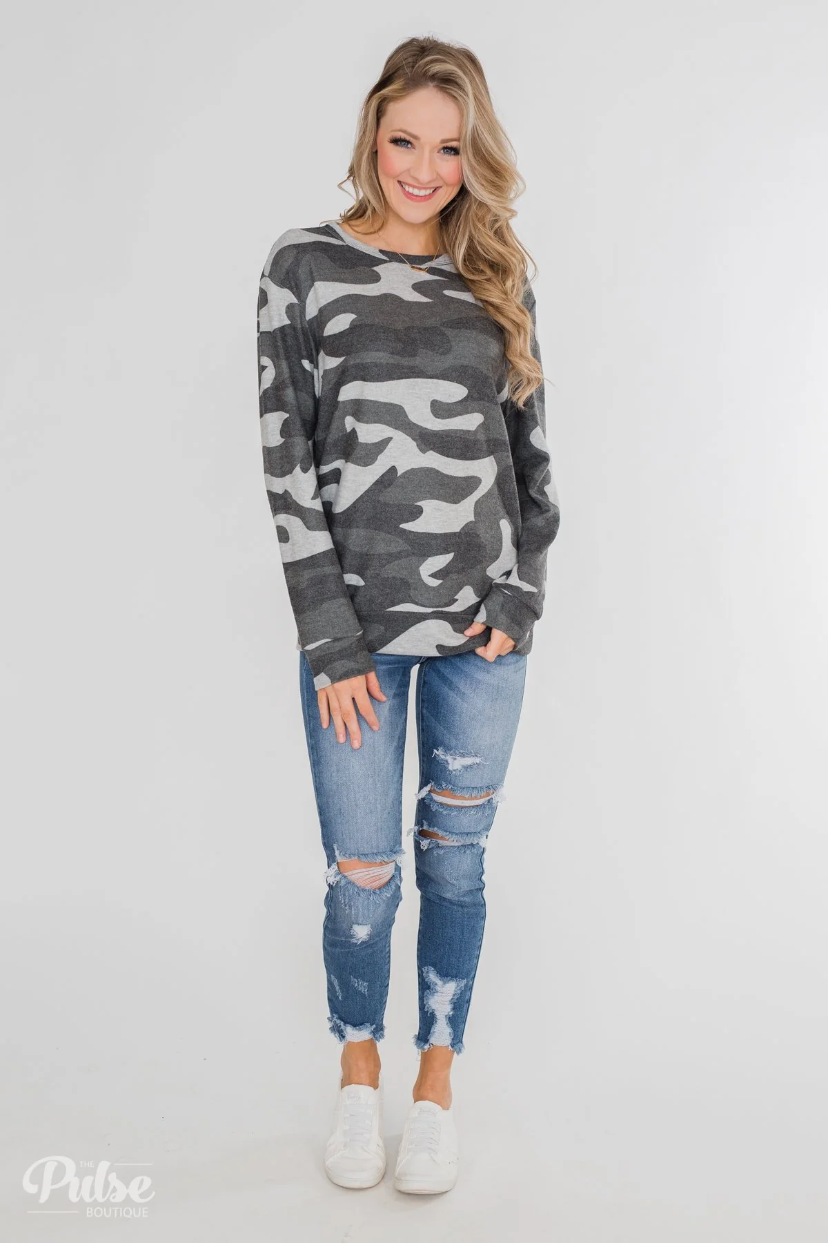 Softest Camo Pullover Top- Grey - Image 4
