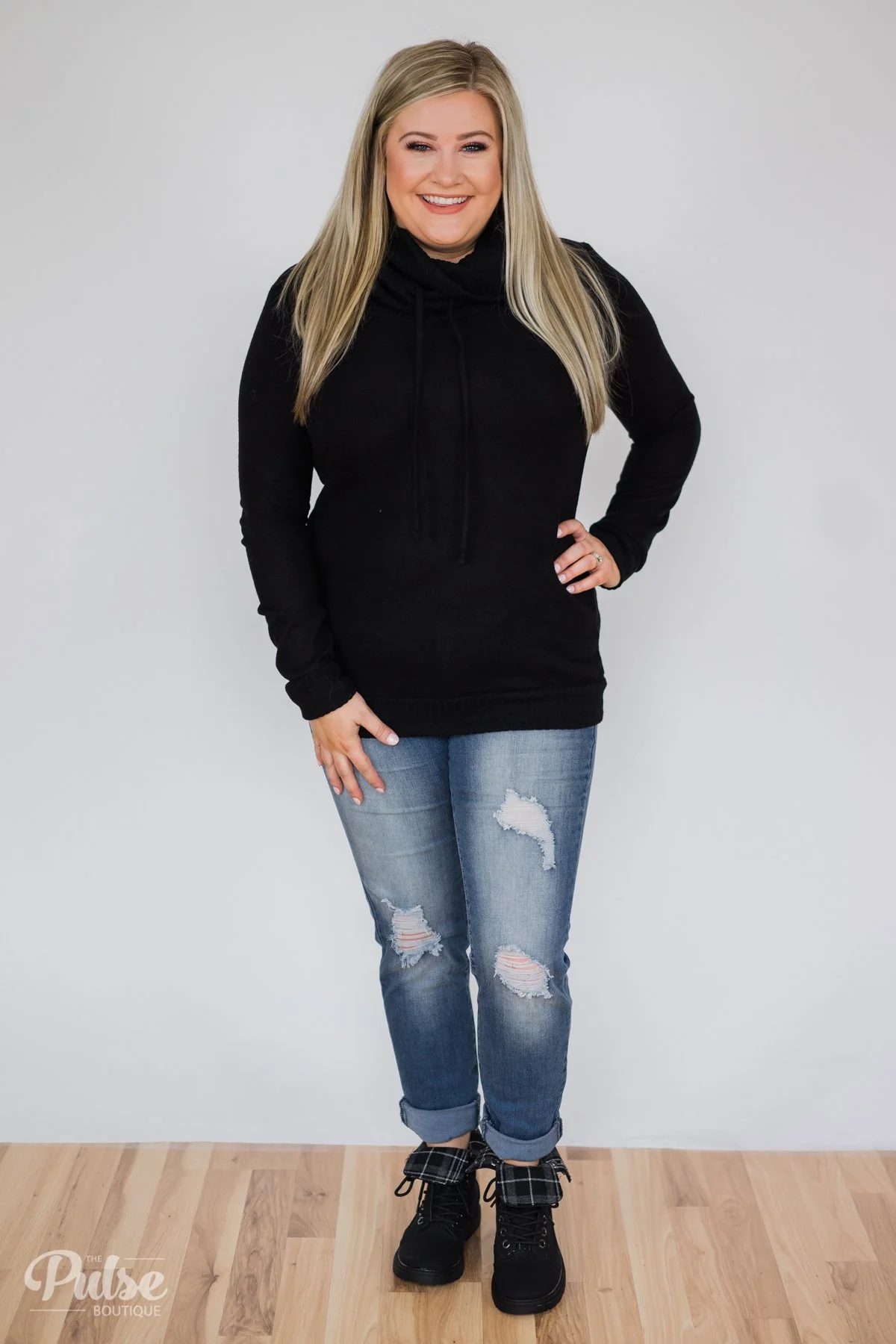 Solid Black Soft Cowl Neck Top - Image 3