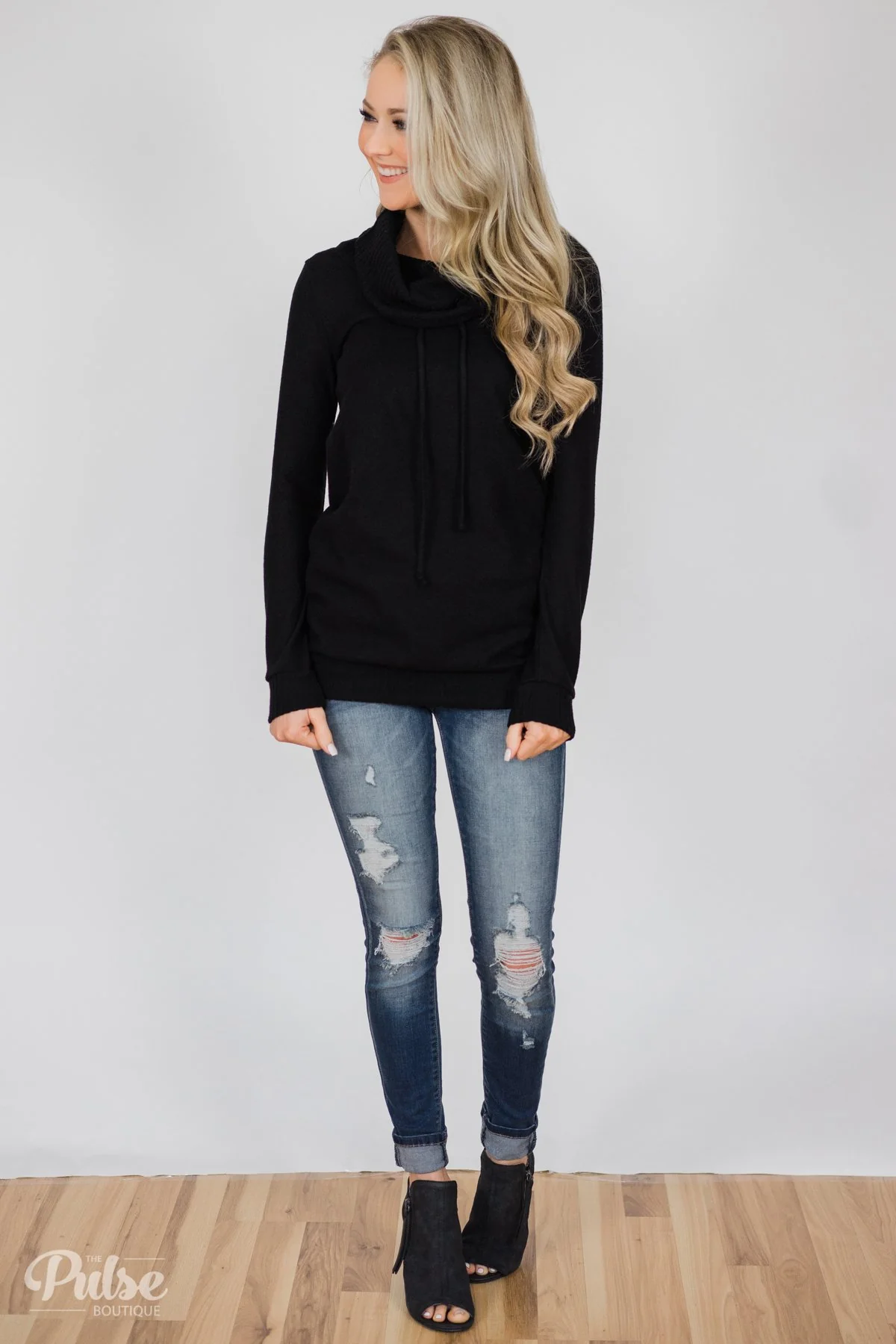 Solid Black Soft Cowl Neck Top - Image 4