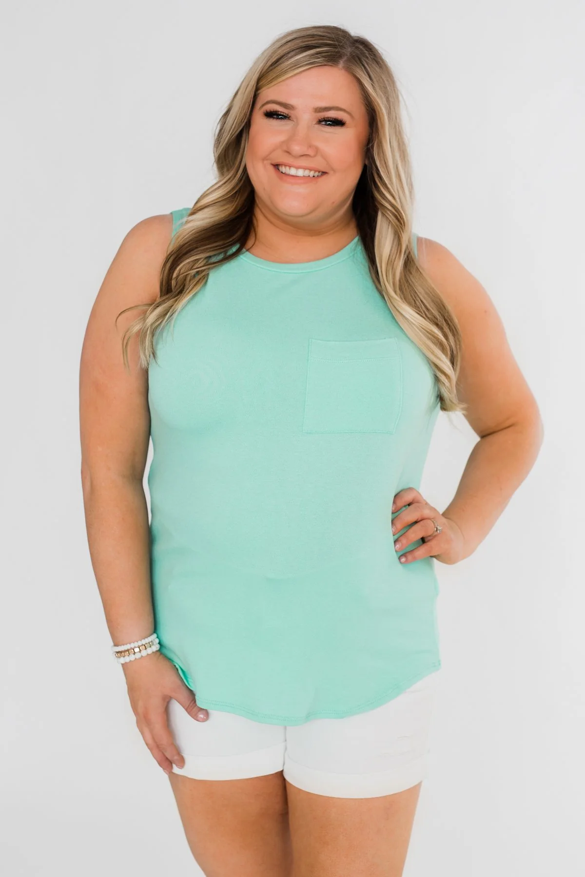 Solid Pocket Tank Top- Aqua