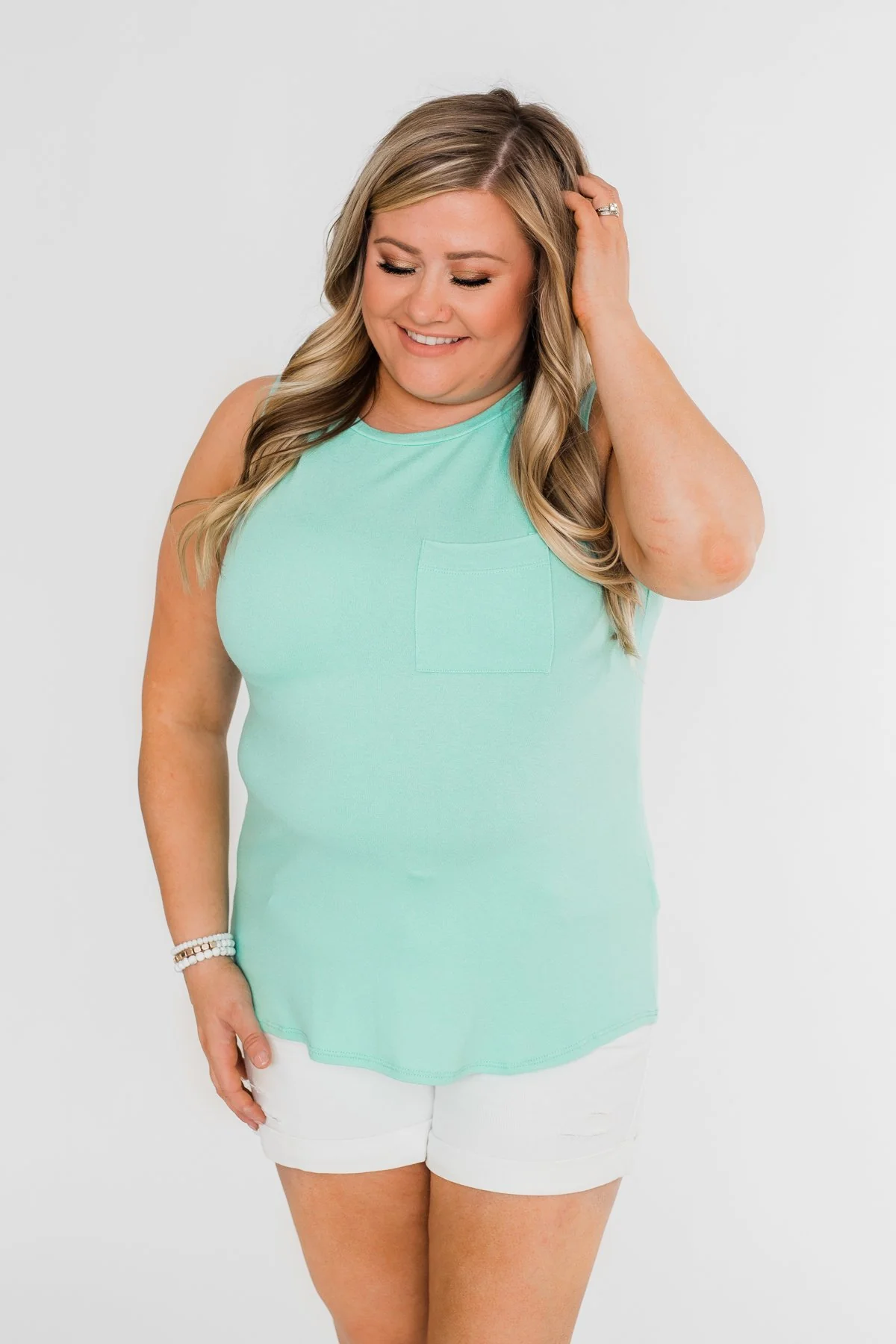 Solid Pocket Tank Top- Aqua - Image 7