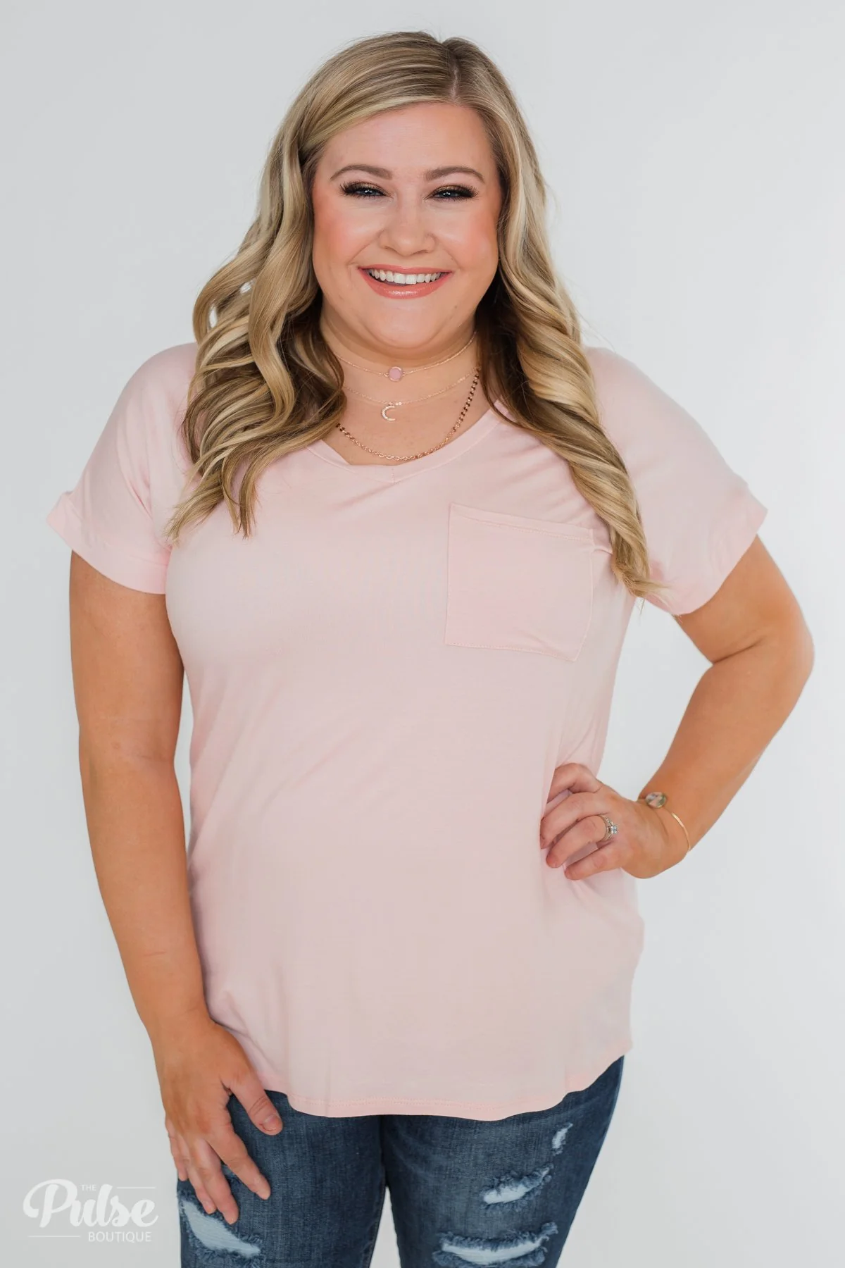 Solid V-Neck Pocket Top- Blush - Image 11