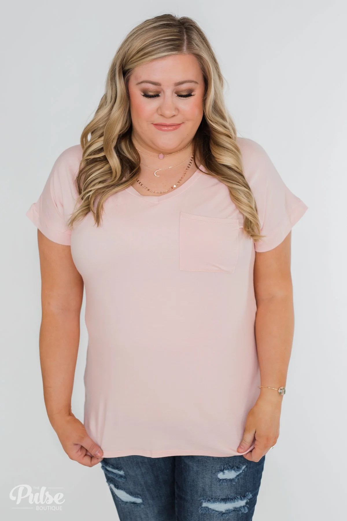 Solid V-Neck Pocket Top- Blush - Image 12