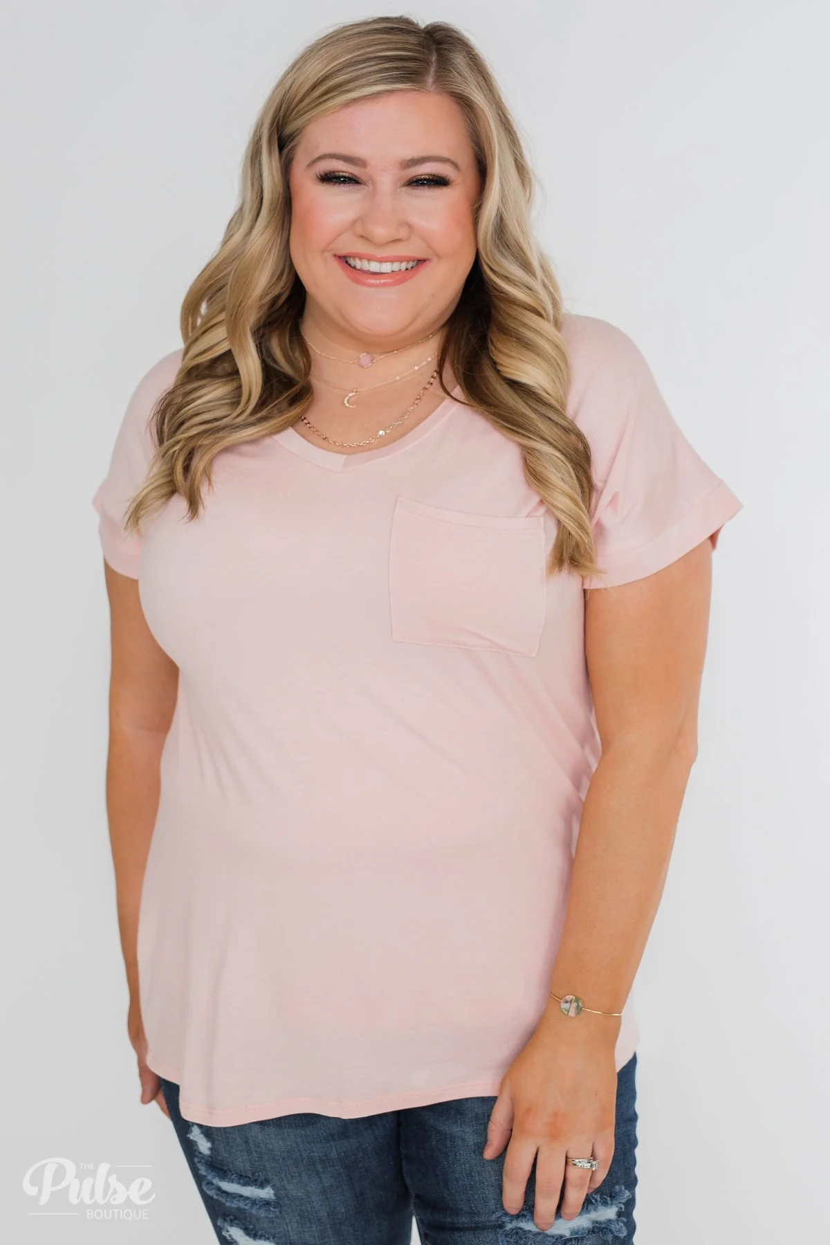 Solid V-Neck Pocket Top- Blush - Image 13