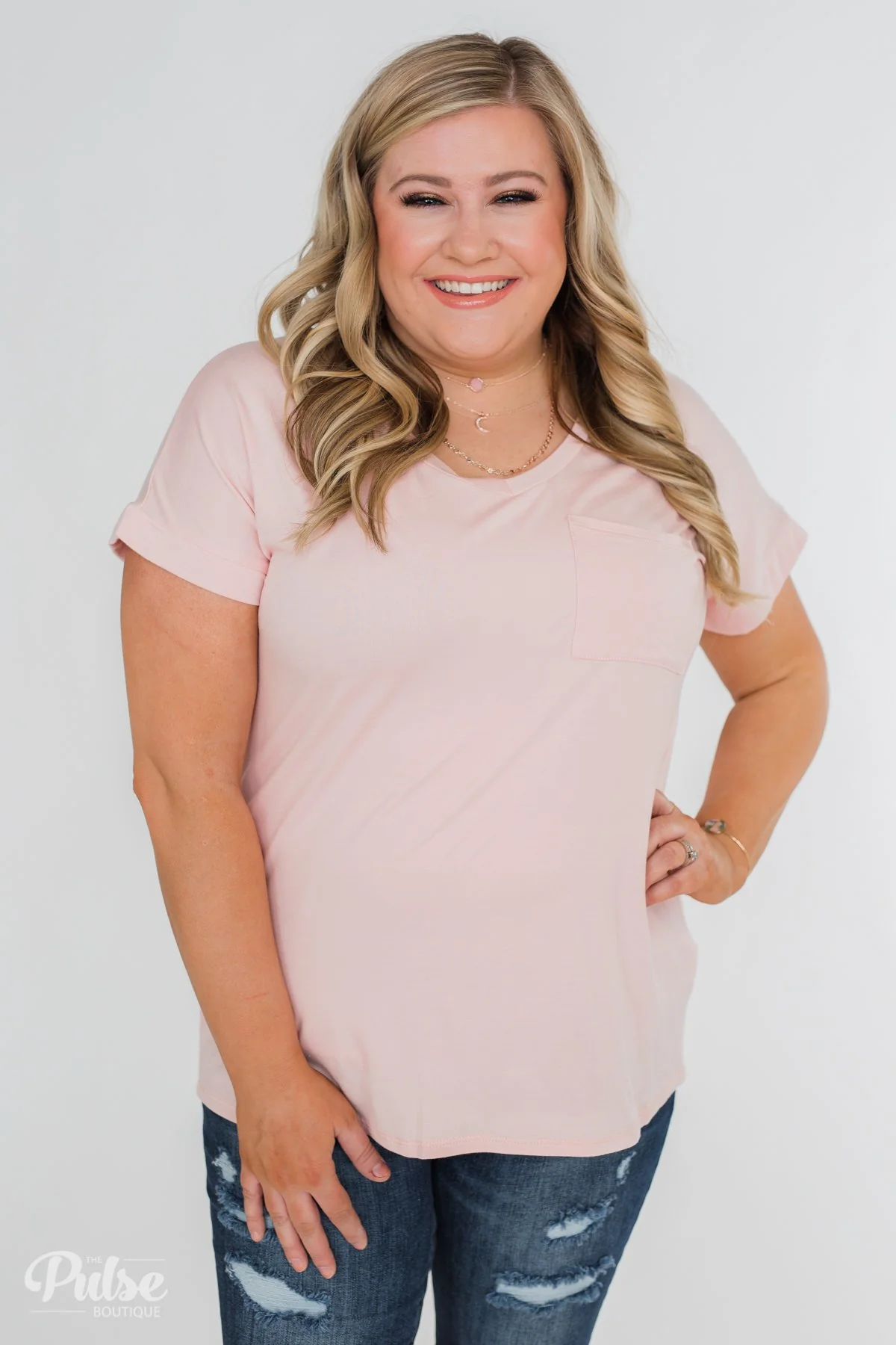 Solid V-Neck Pocket Top- Blush - Image 14