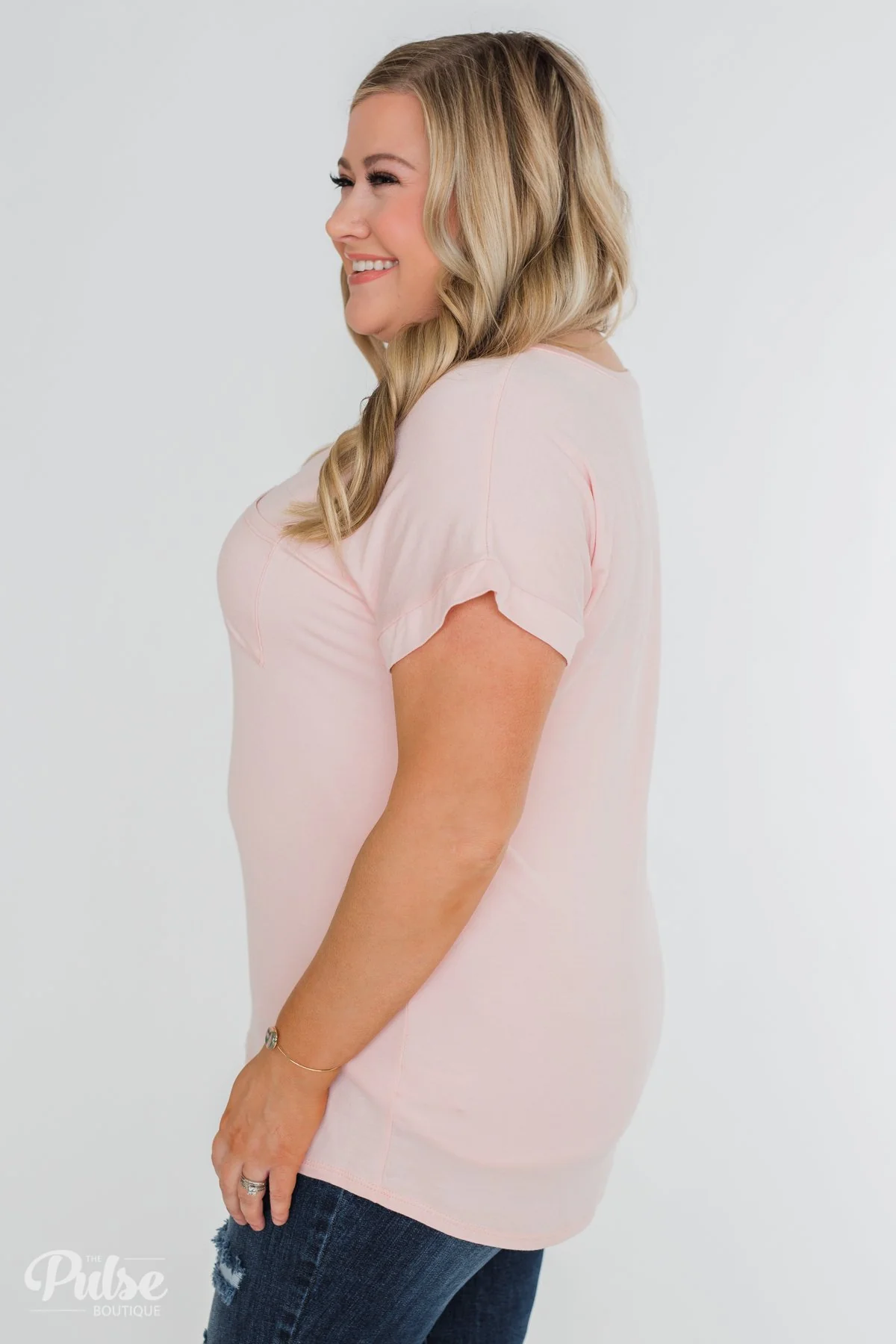 Solid V-Neck Pocket Top- Blush - Image 15