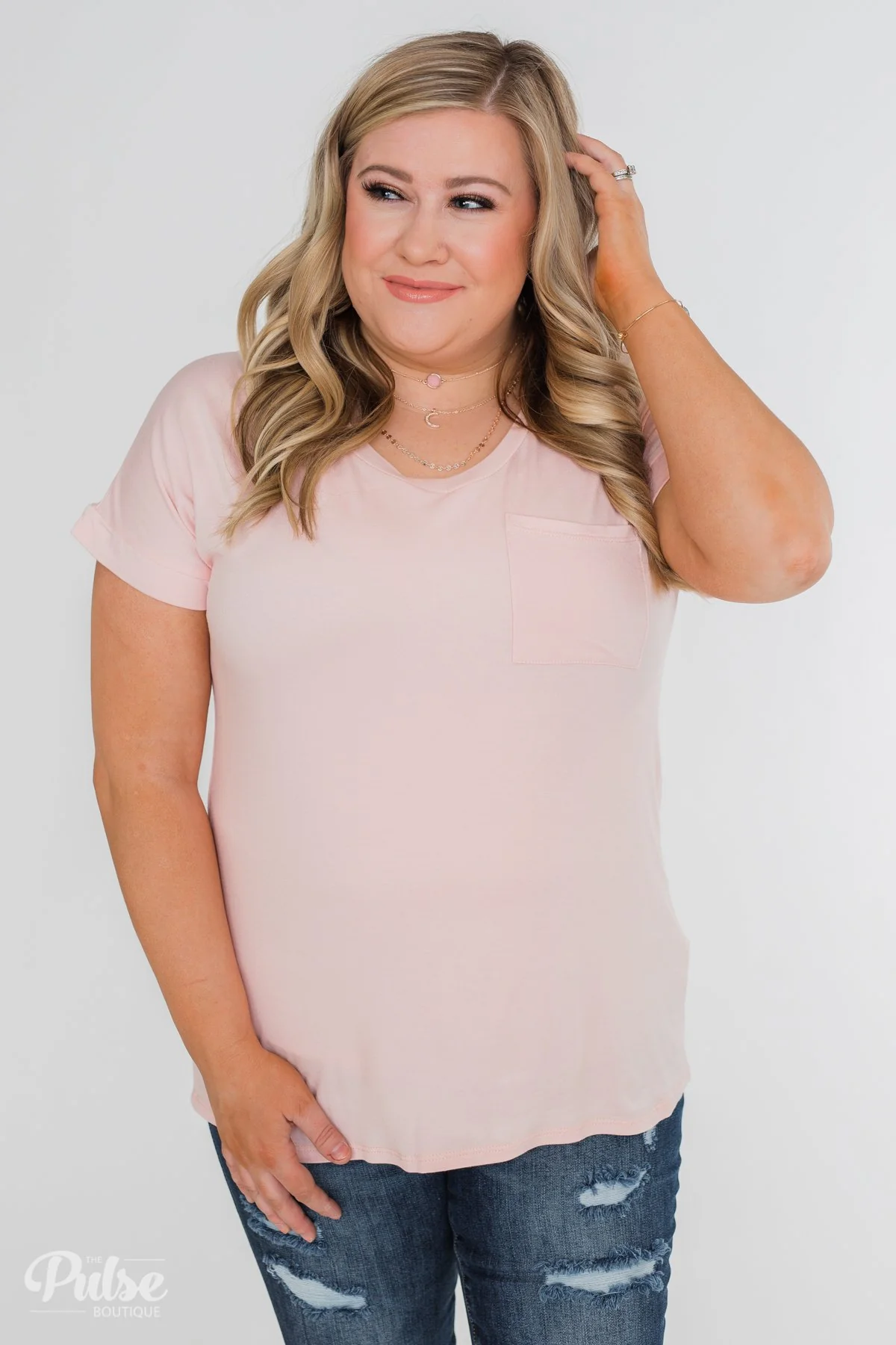 Solid V-Neck Pocket Top- Blush - Image 2