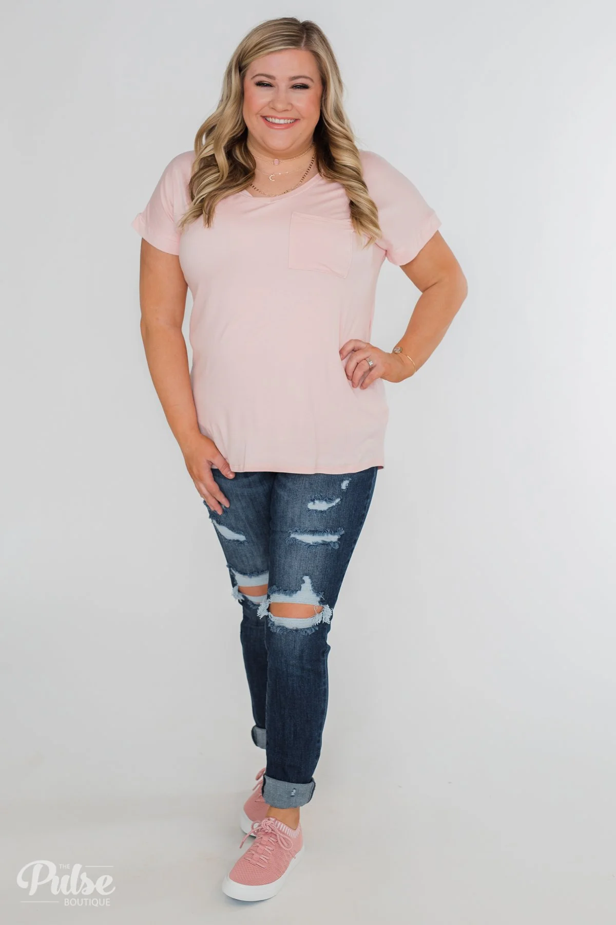 Solid V-Neck Pocket Top- Blush - Image 3