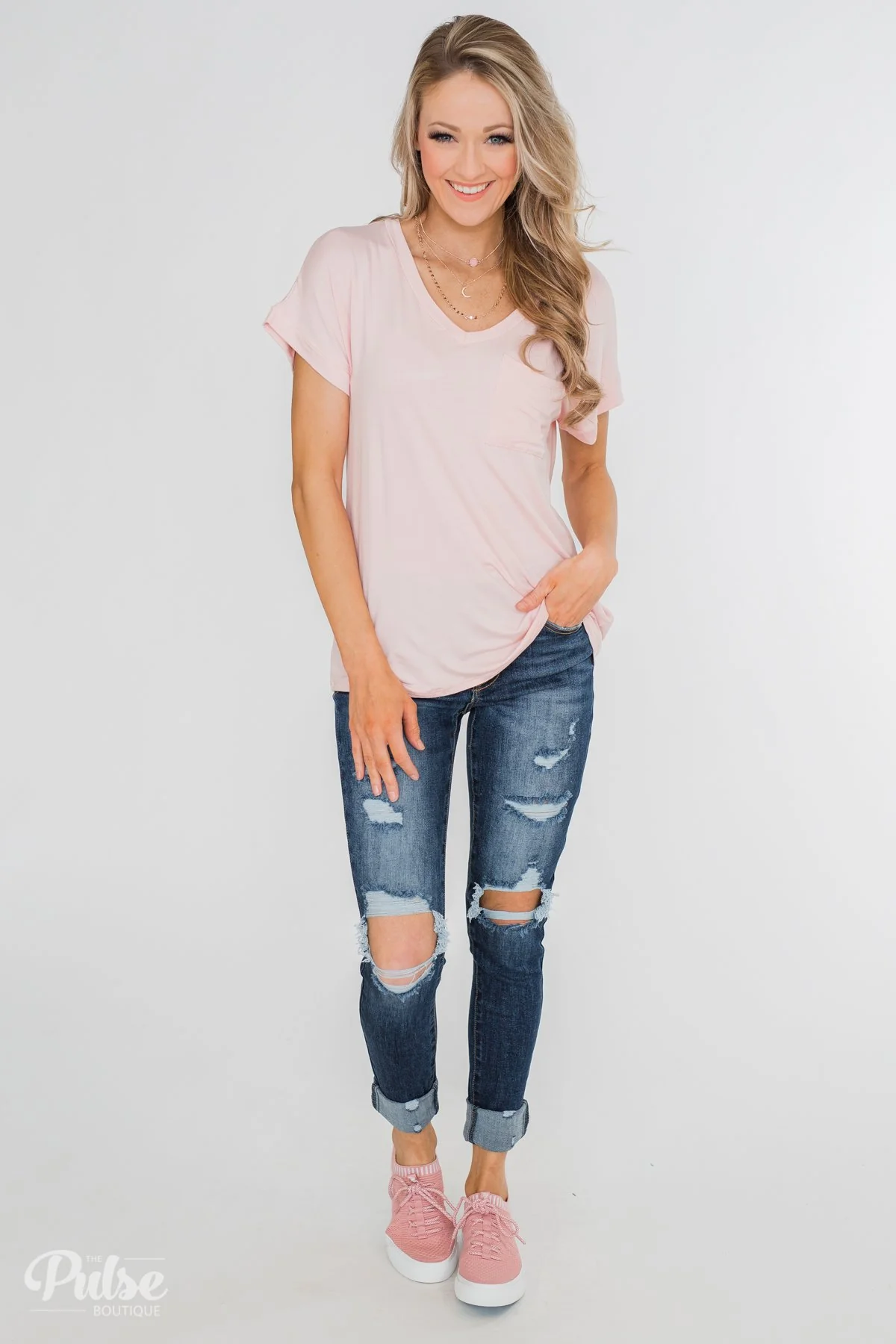 Solid V-Neck Pocket Top- Blush - Image 4