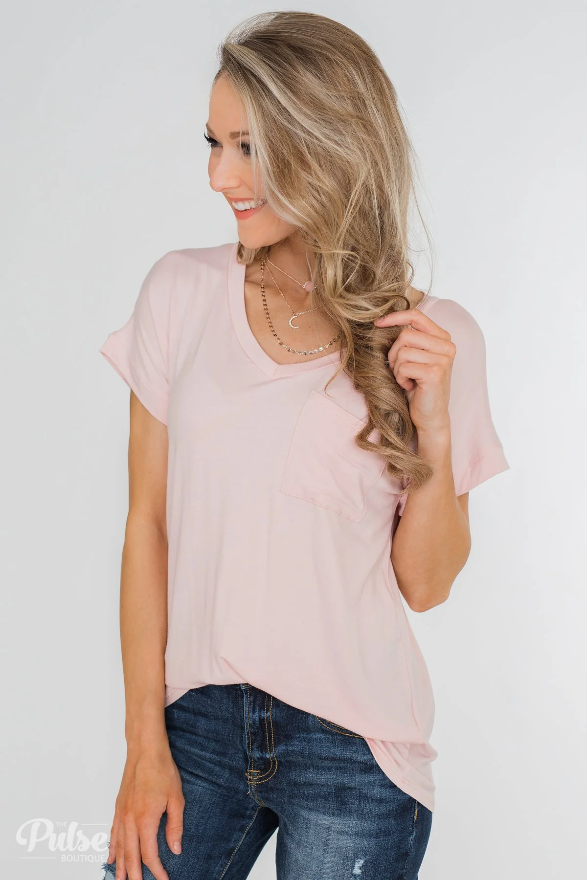 Solid V-Neck Pocket Top- Blush - Image 6