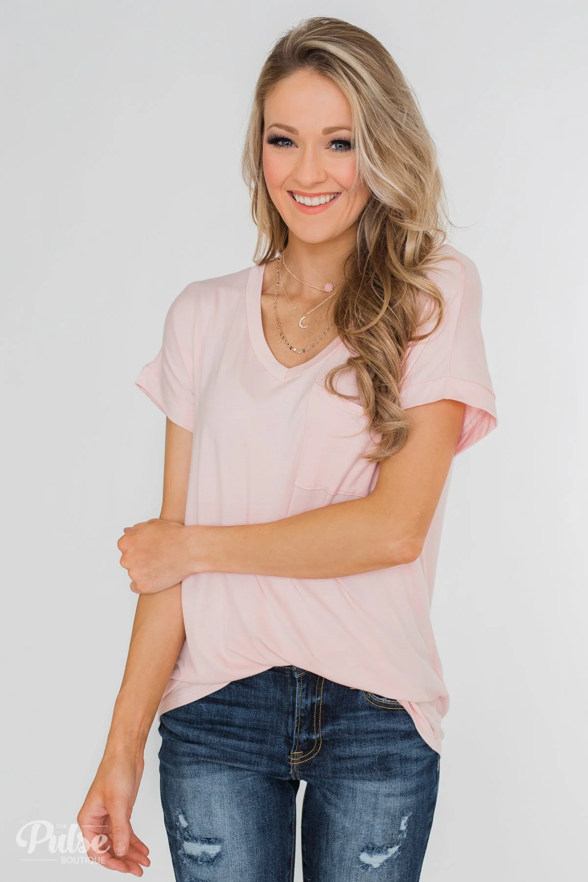 Solid V-Neck Pocket Top- Blush - Image 8