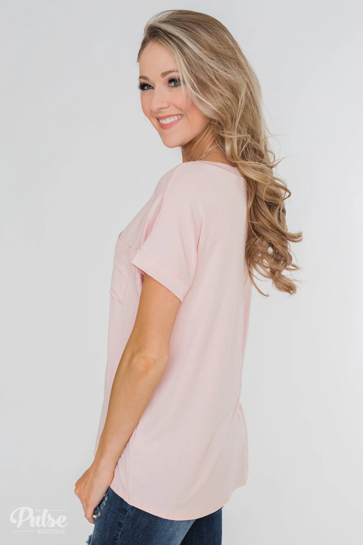 Solid V-Neck Pocket Top- Blush - Image 9