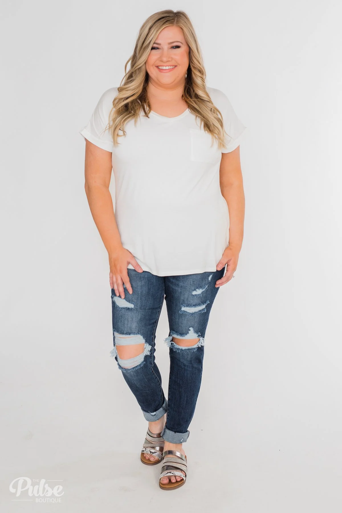 Solid V-Neck Pocket Top- Ivory - Image 10