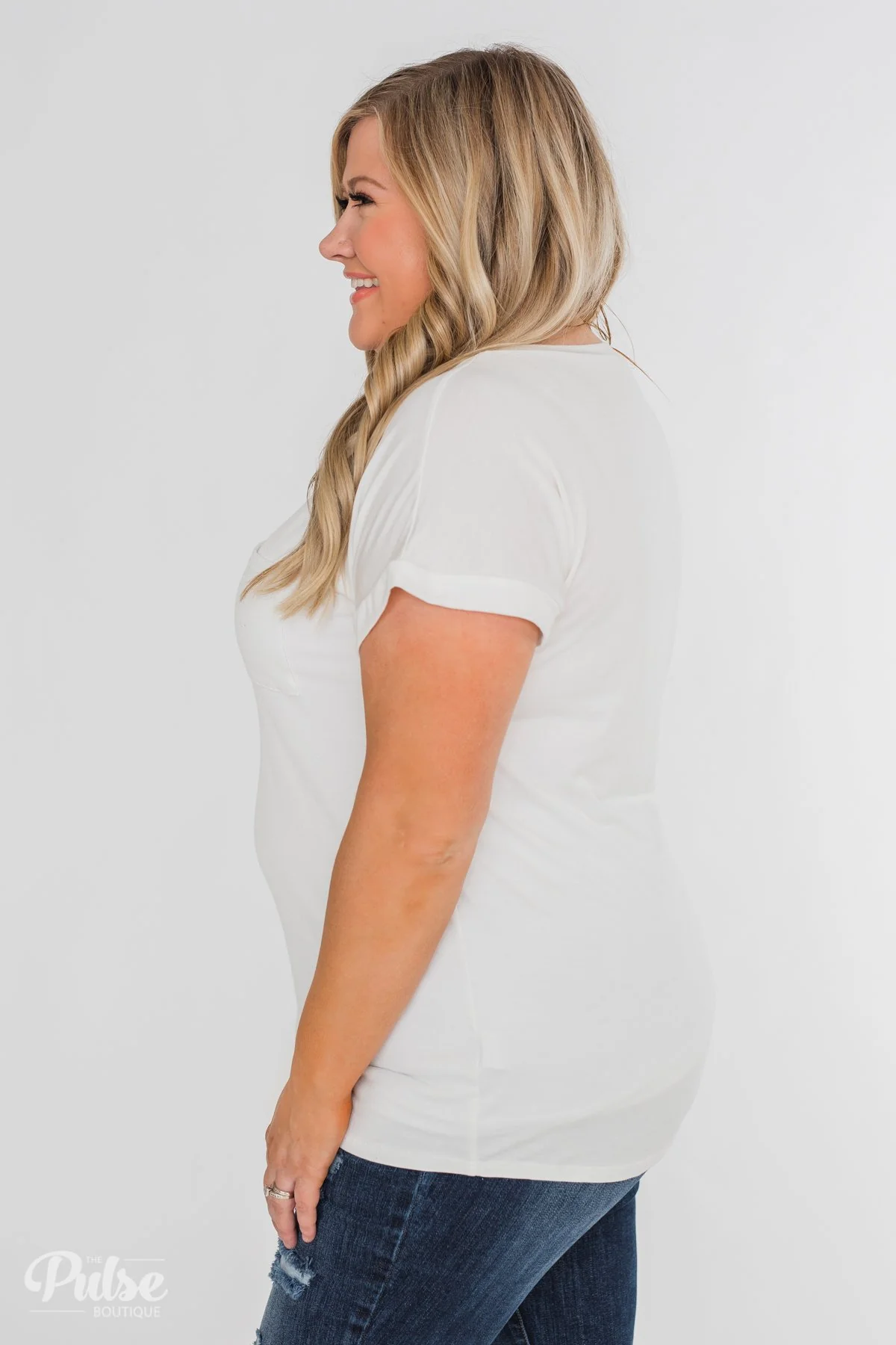 Solid V-Neck Pocket Top- Ivory - Image 14
