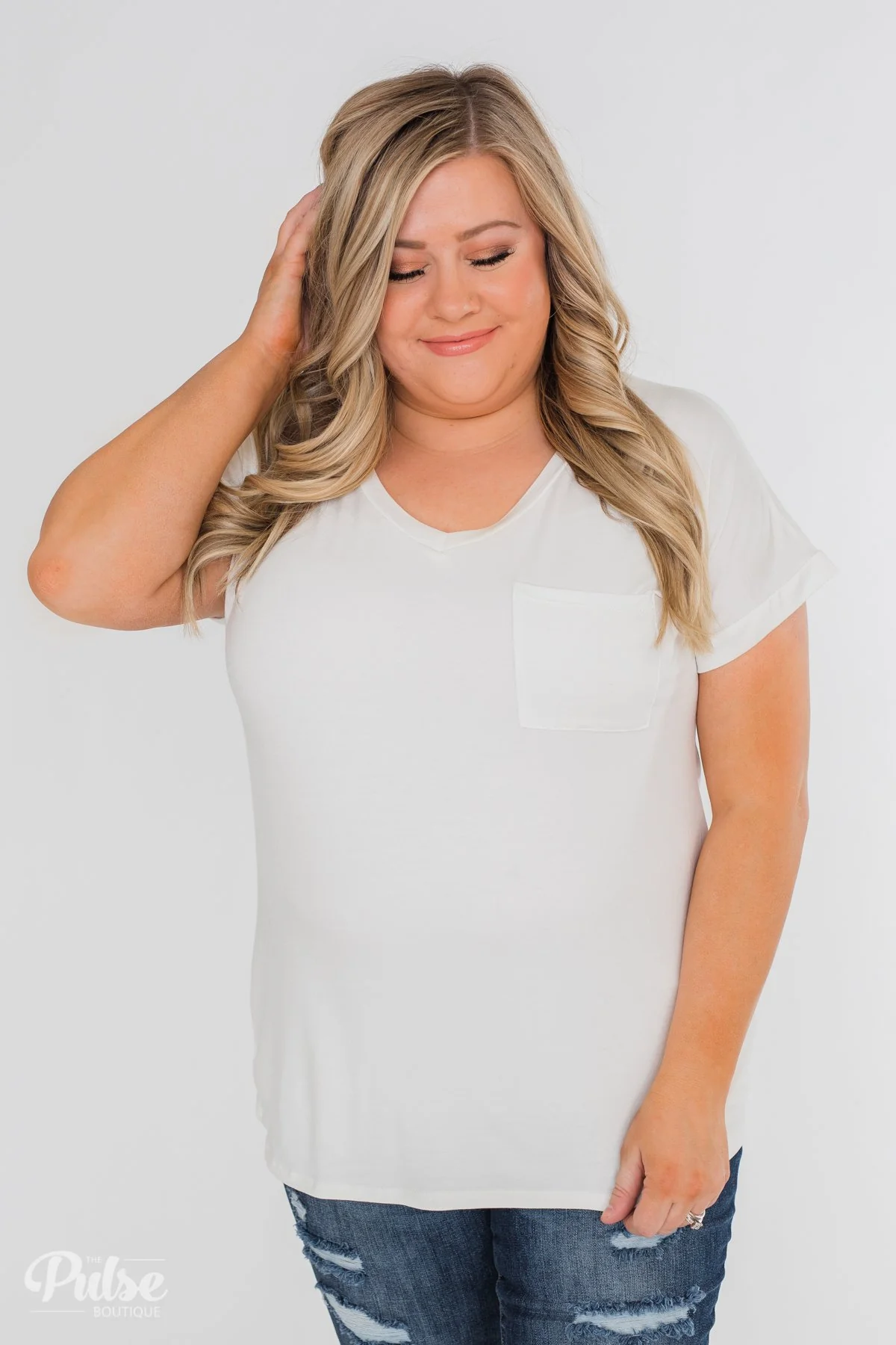 Solid V-Neck Pocket Top- Ivory - Image 2