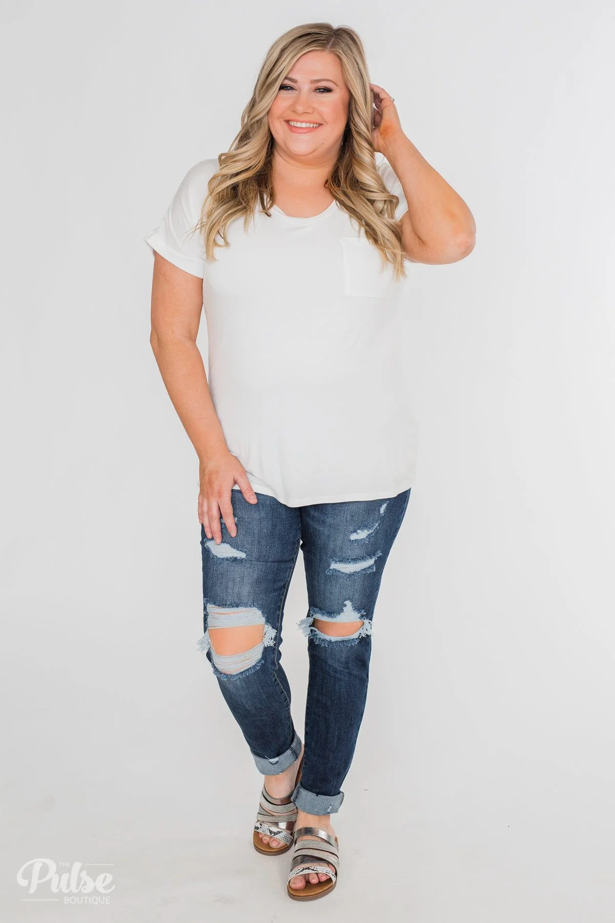 Solid V-Neck Pocket Top- Ivory - Image 3