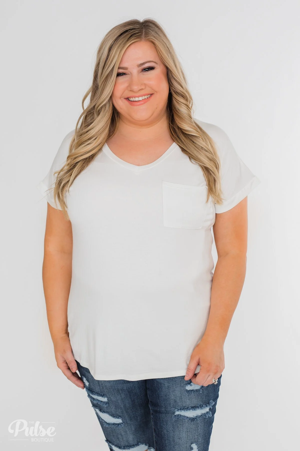 Solid V-Neck Pocket Top- Ivory - Image 4