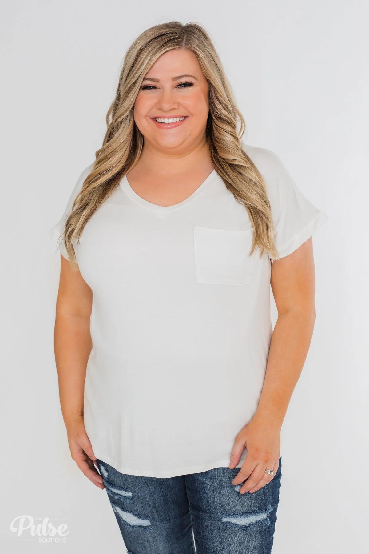 Solid V-Neck Pocket Top- Ivory - Image 6