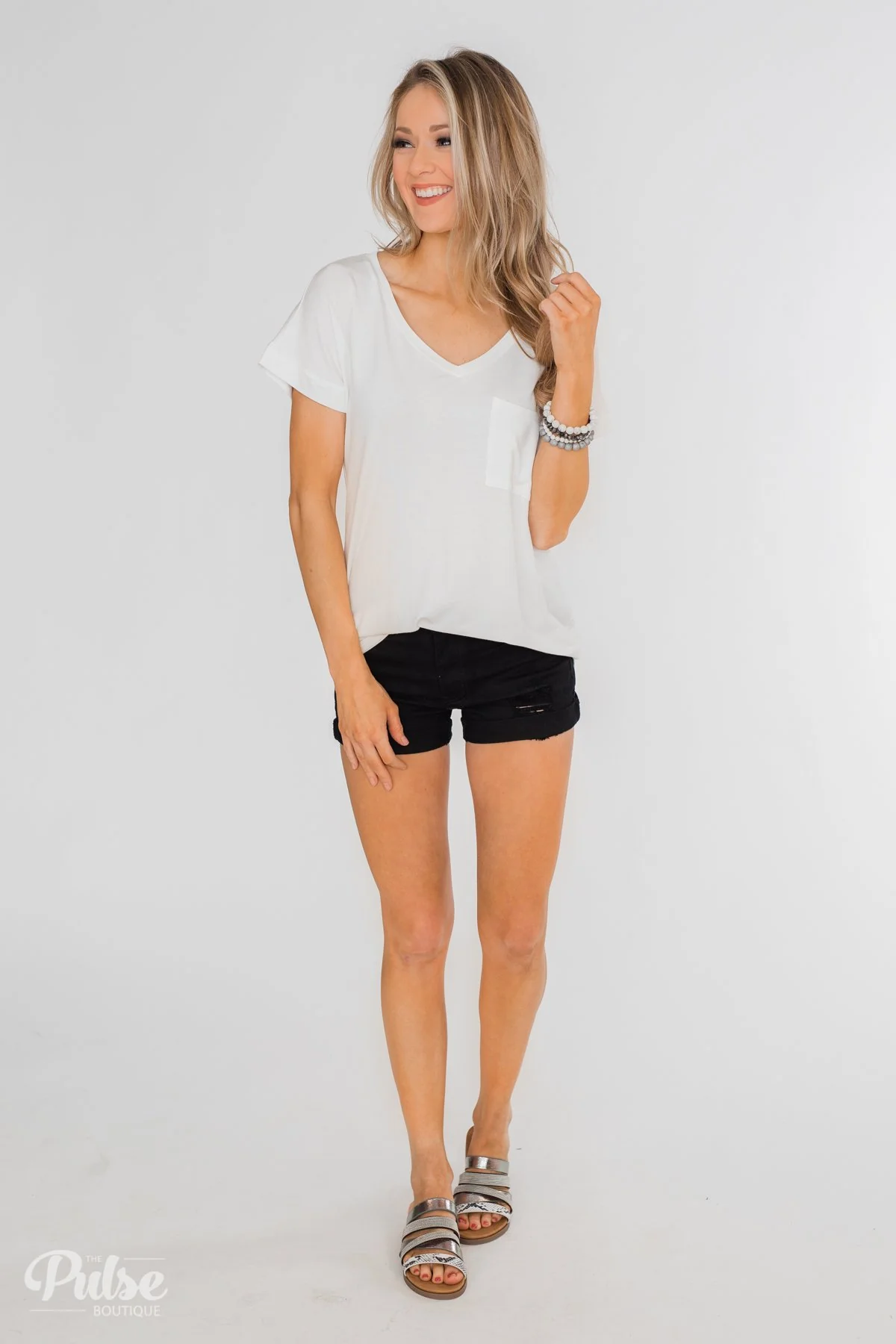Solid V-Neck Pocket Top- Ivory - Image 7