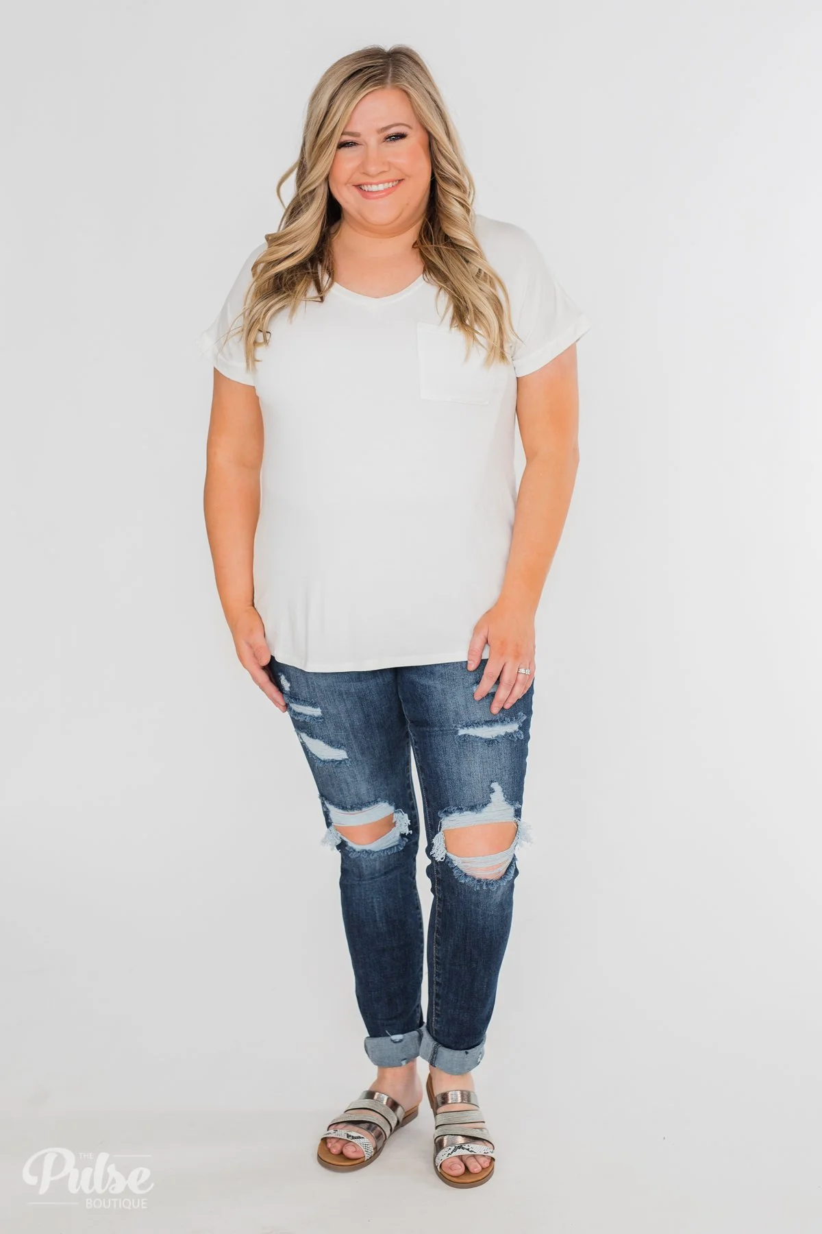 Solid V-Neck Pocket Top- Ivory - Image 8