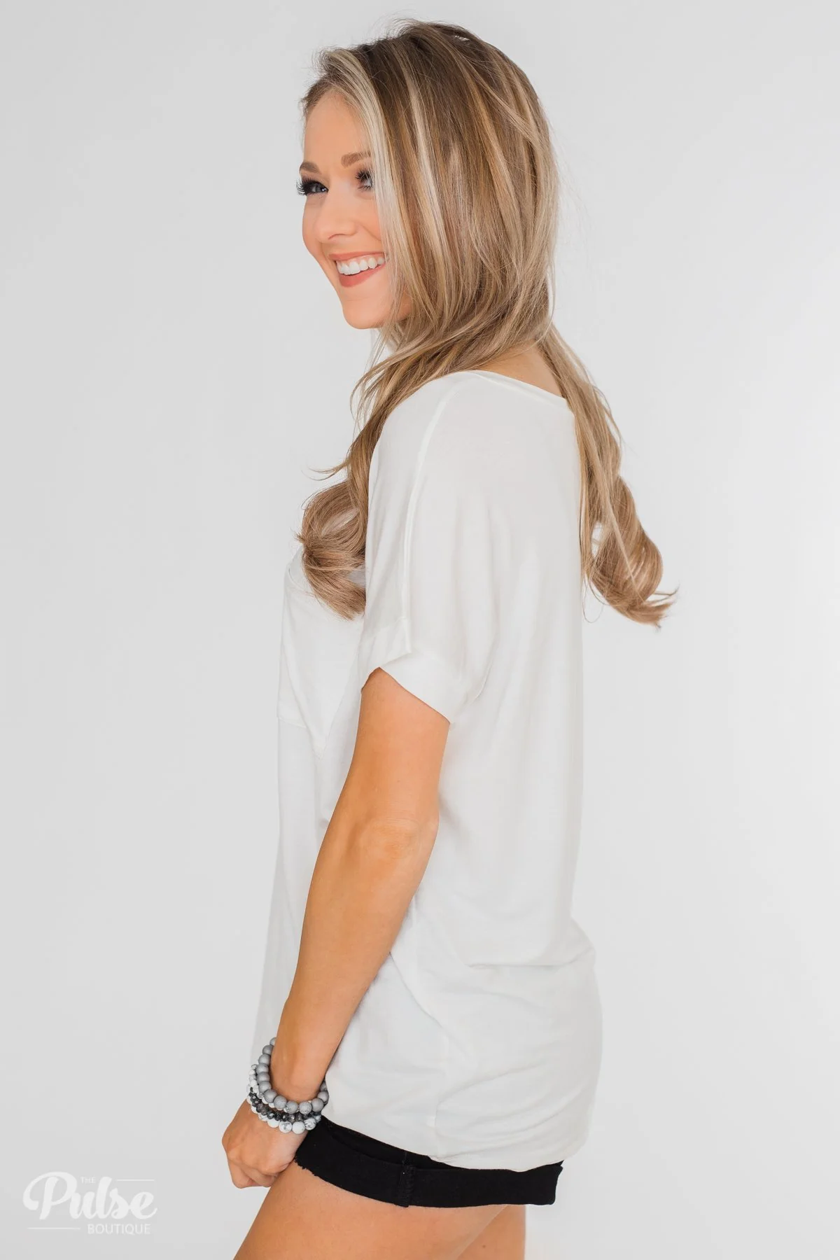 Solid V-Neck Pocket Top- Ivory - Image 9