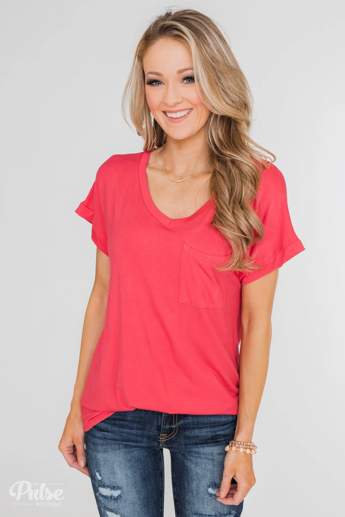 Solid V-Neck Pocket Top- Strawberry Pink - Image 10