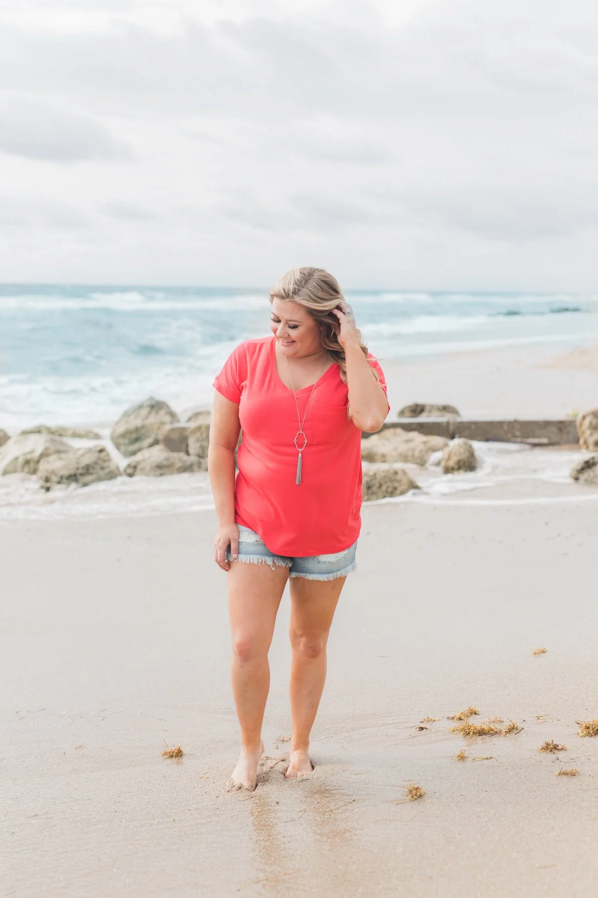Solid V-Neck Pocket Top- Strawberry Pink - Image 11