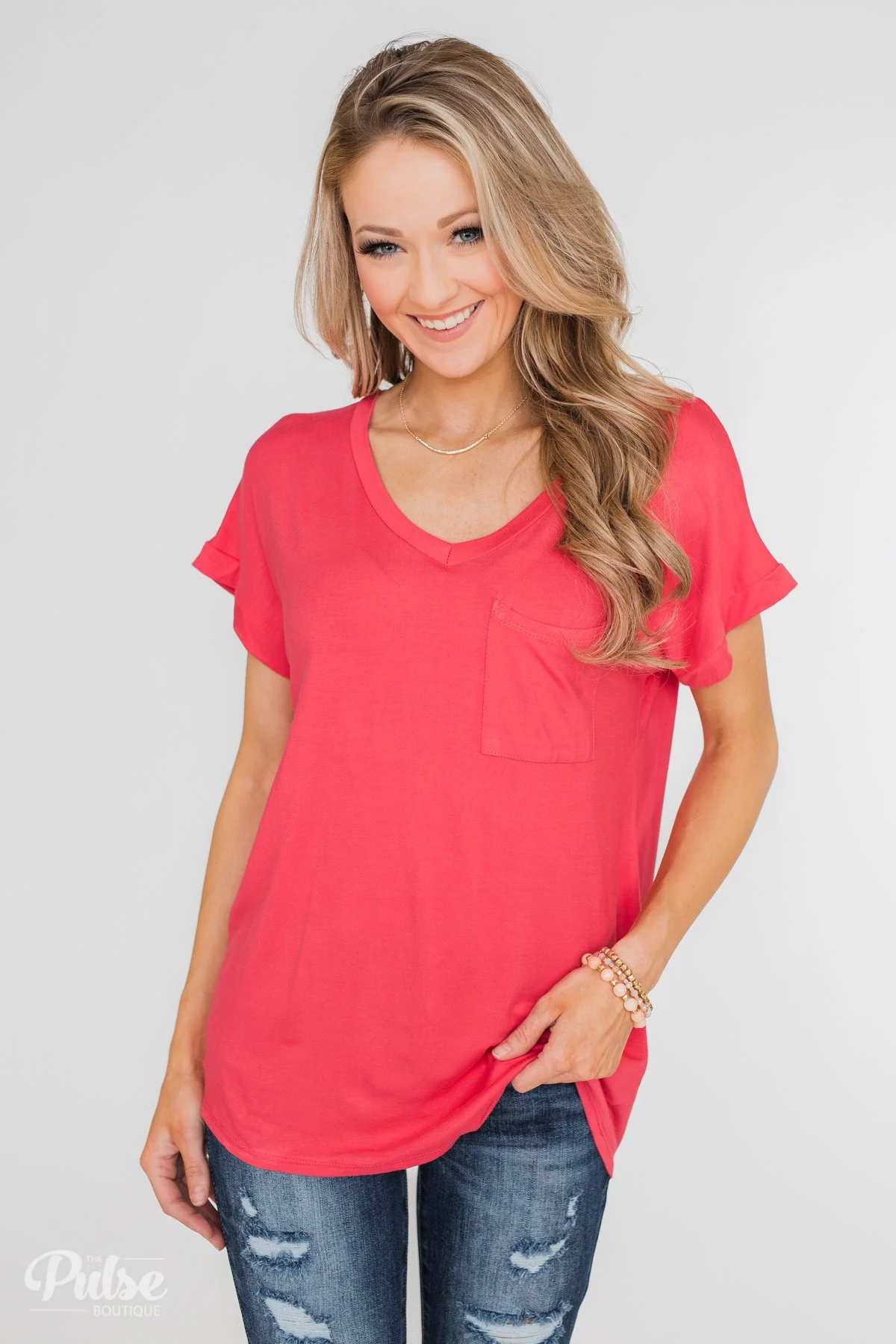 Solid V-Neck Pocket Top- Strawberry Pink - Image 12