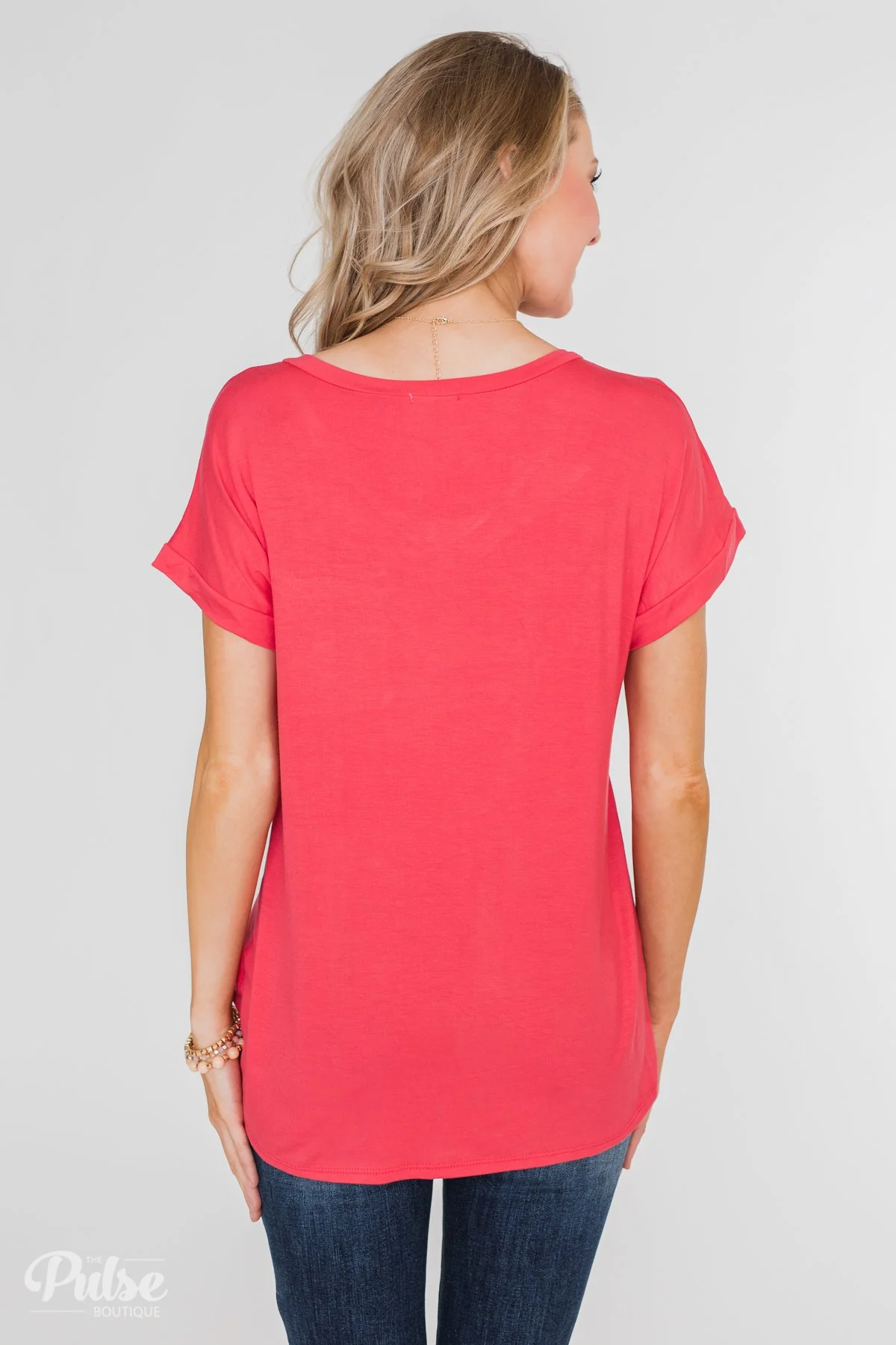 Solid V-Neck Pocket Top- Strawberry Pink - Image 14