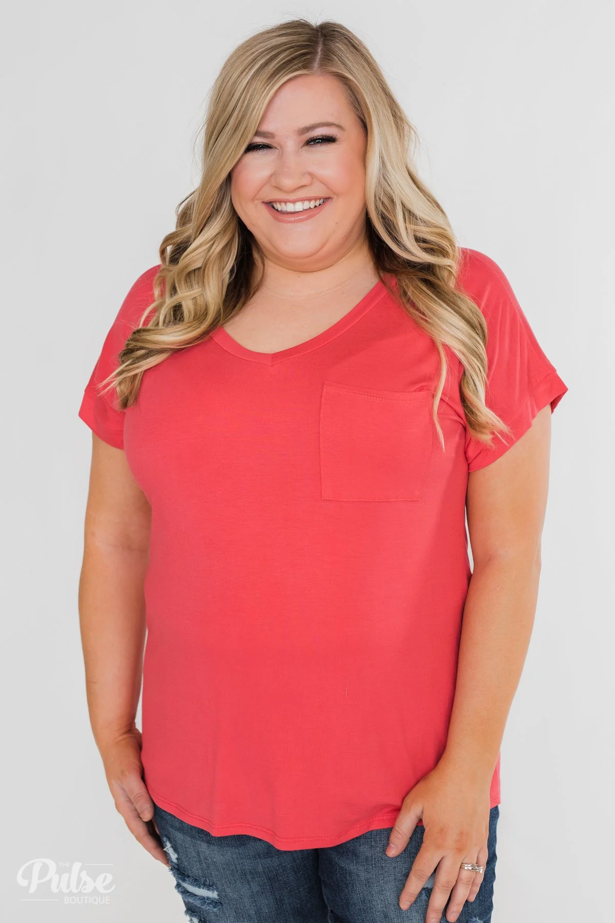 Solid V-Neck Pocket Top- Strawberry Pink - Image 16