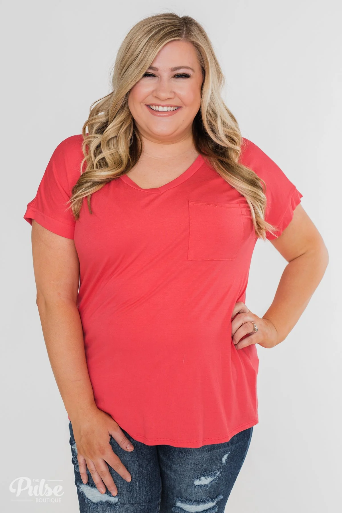 Solid V-Neck Pocket Top- Strawberry Pink - Image 17