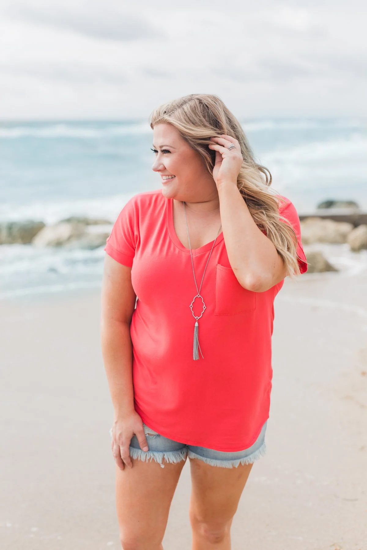 Solid V-Neck Pocket Top- Strawberry Pink - Image 18