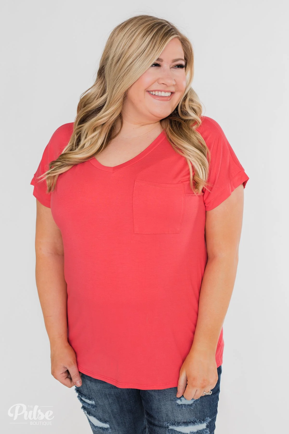 Solid V-Neck Pocket Top- Strawberry Pink - Image 19