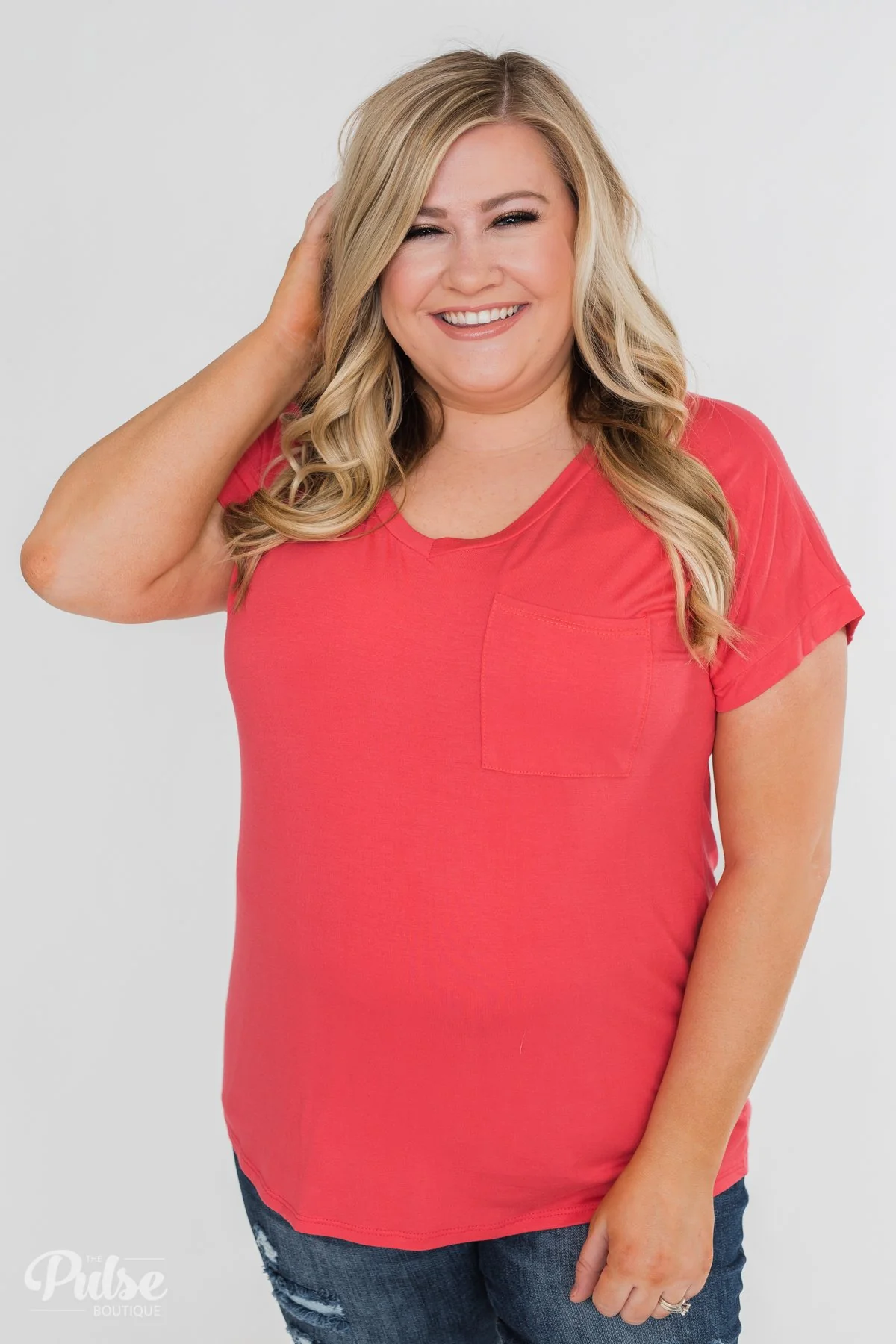 Solid V-Neck Pocket Top- Strawberry Pink - Image 20