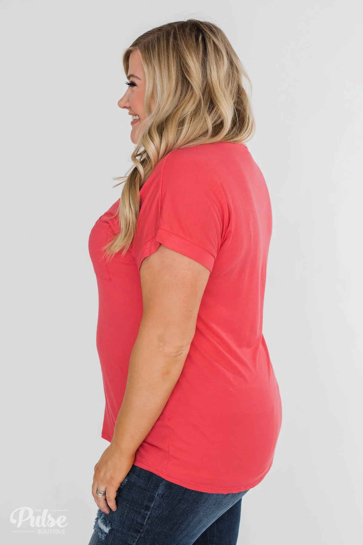 Solid V-Neck Pocket Top- Strawberry Pink - Image 22